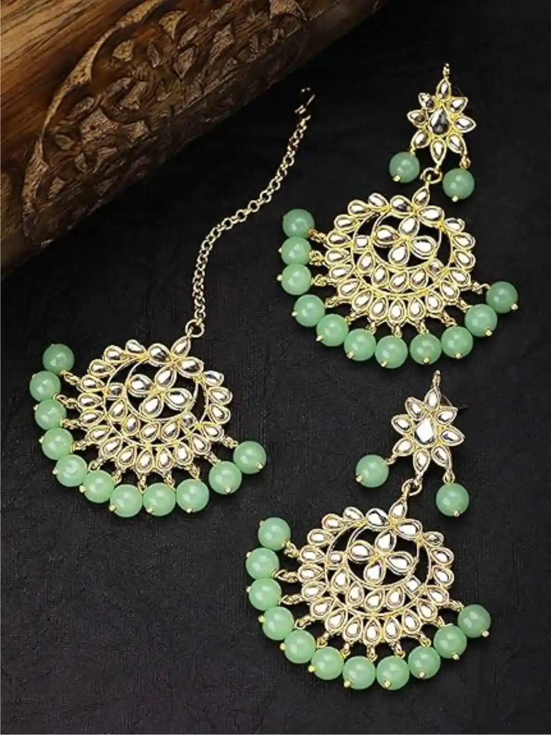 Buy I Jewels Gold Plated Green Studded Maang Tikka with Earring