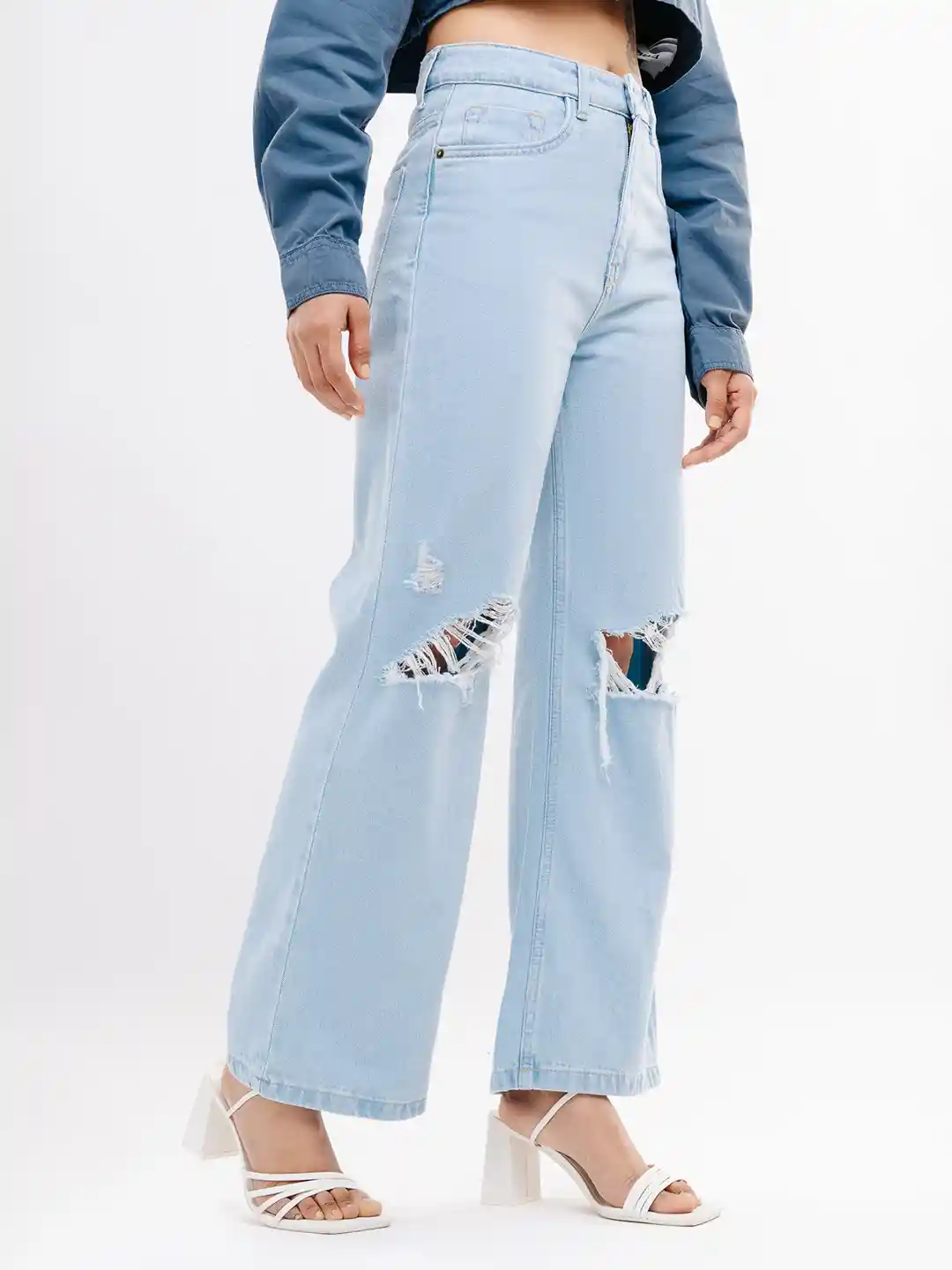 FREAKINS Women Blue Wide Leg High-Rise Slash Knee Jeans - Main Image