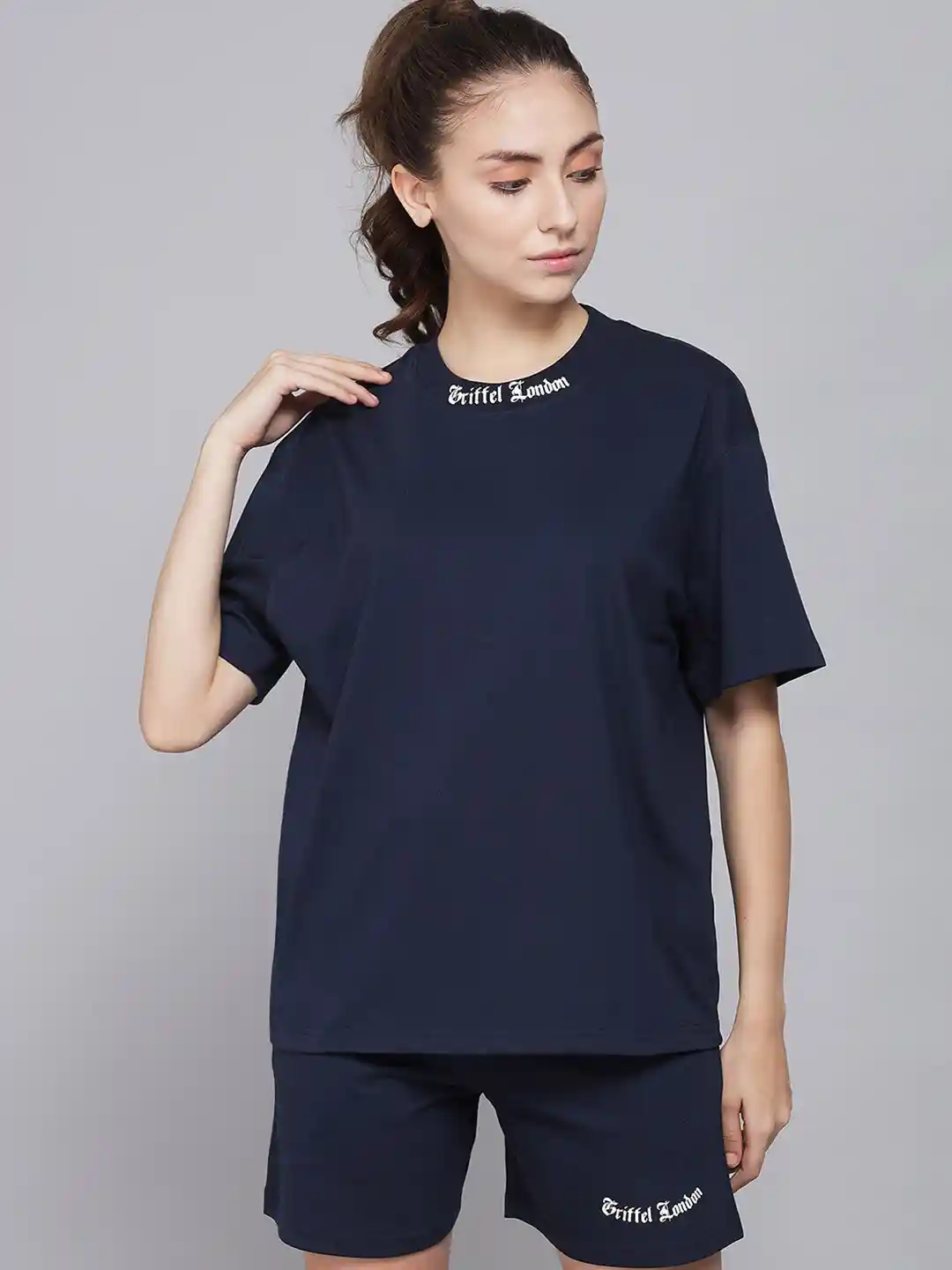 GRIFFEL Women Navy Blue Solid Pure Cotton T-shirt with Shorts