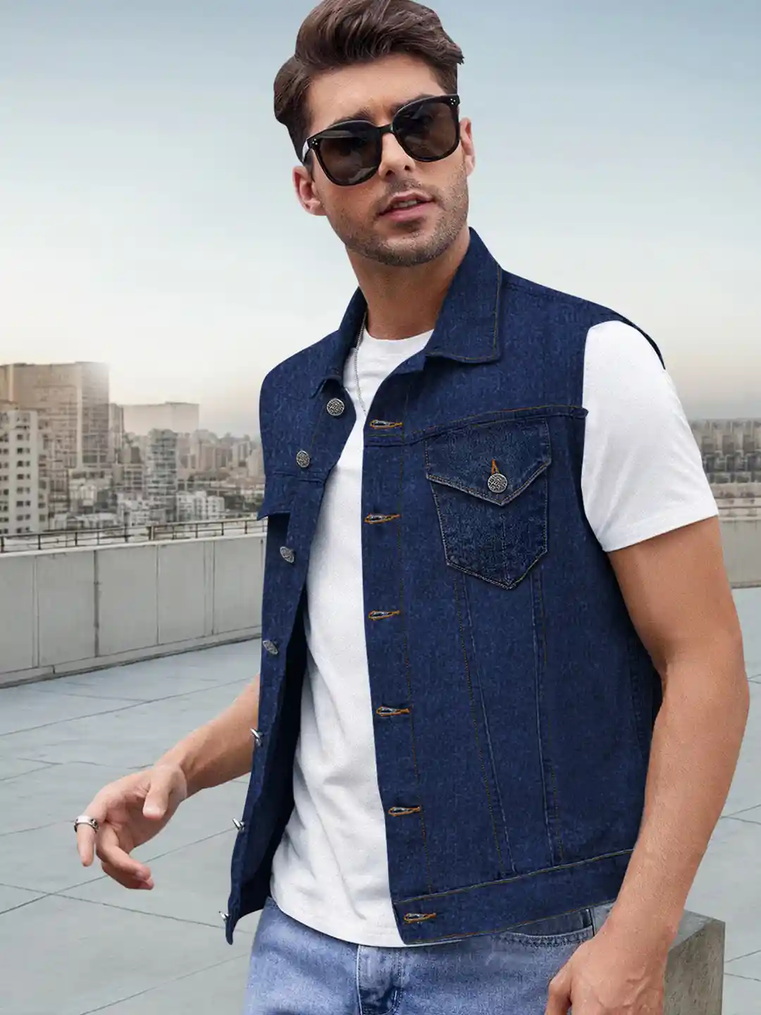 Urbano Fashion Men Regular Fit Washed Sleeveless Denim Jacket