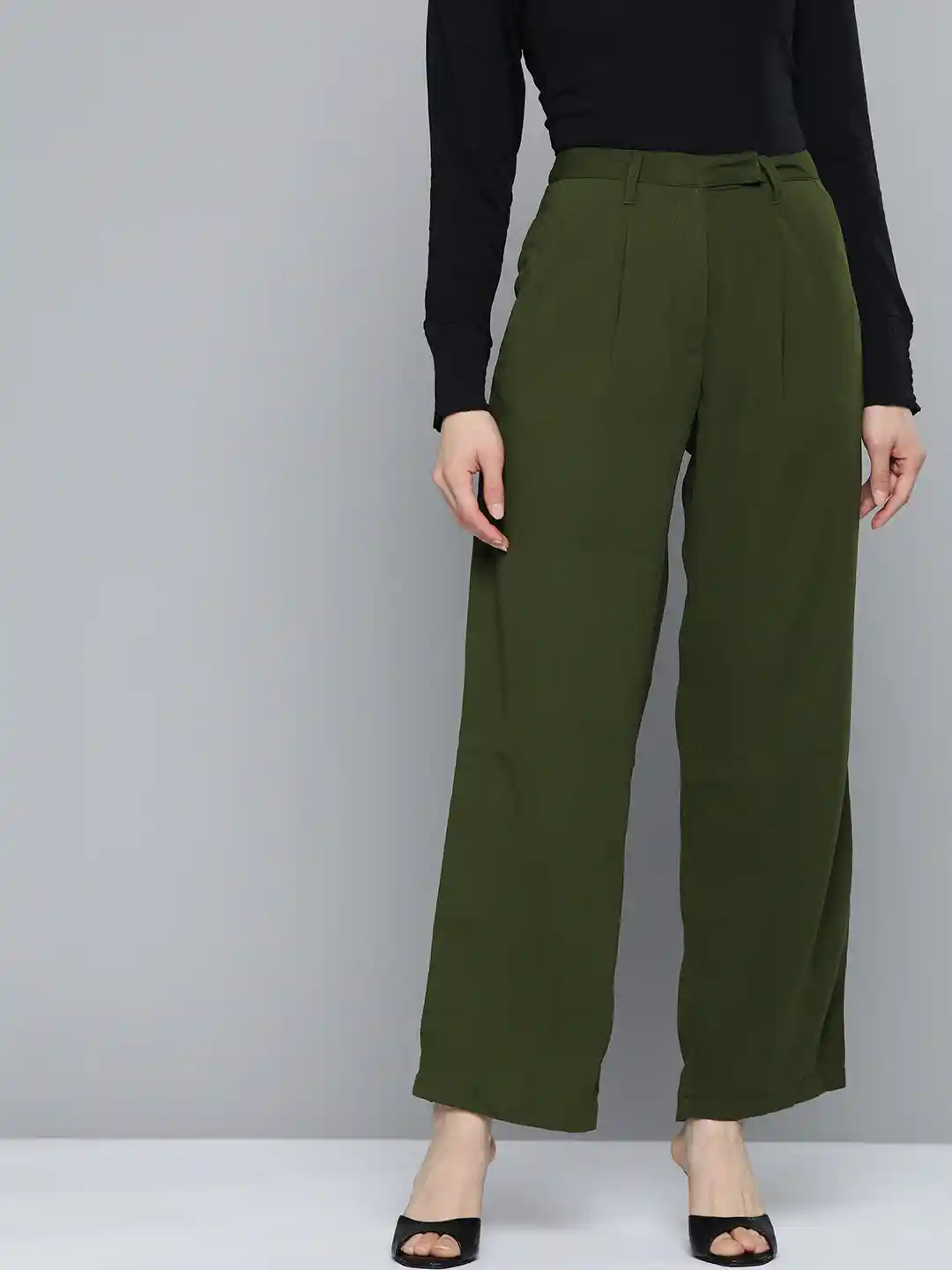 Chemistry Women Olive Green Solid High-Rise Trousers