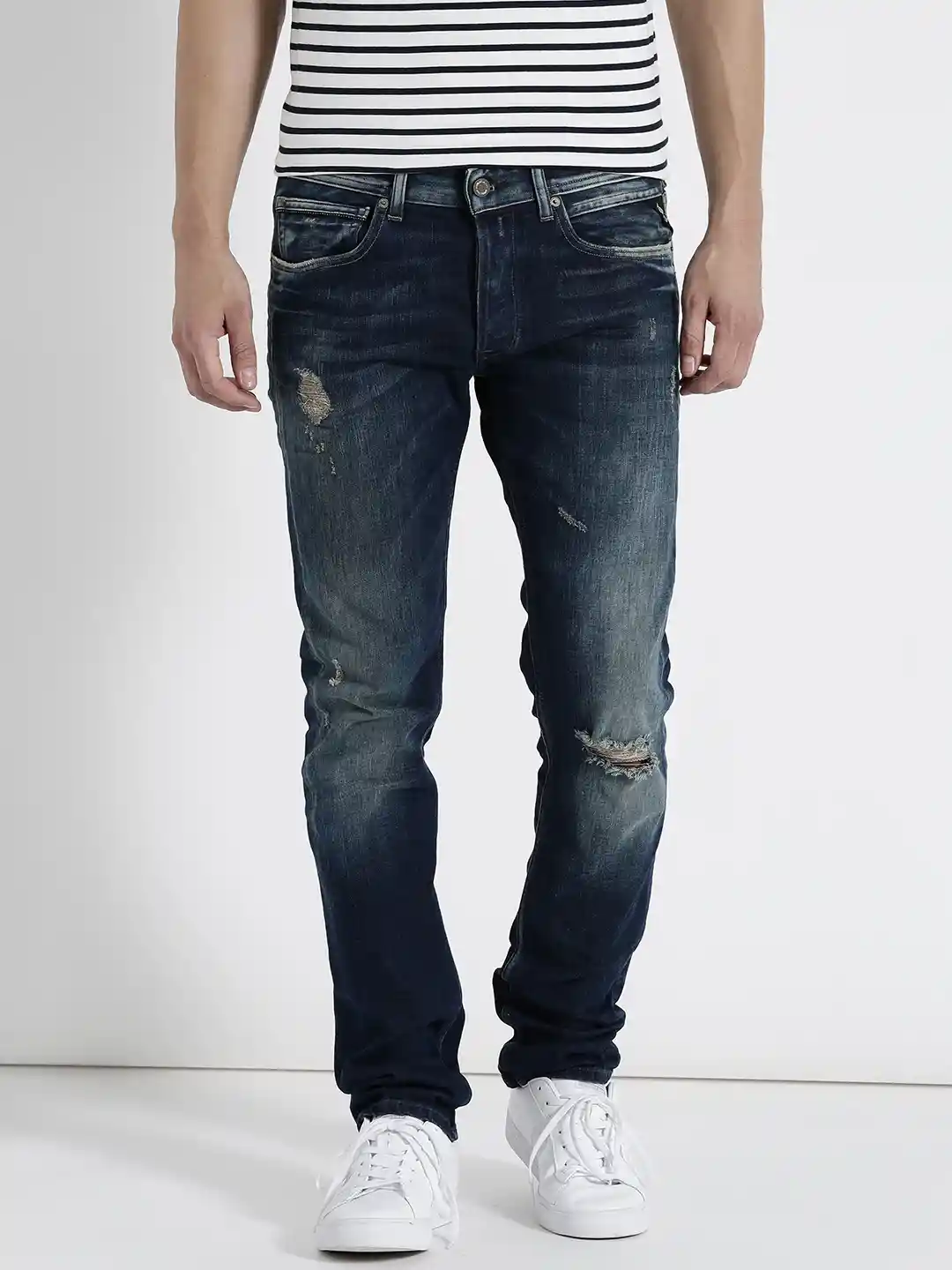 Buy Replay Men Navy Blue Grover Straight Fit Distressed