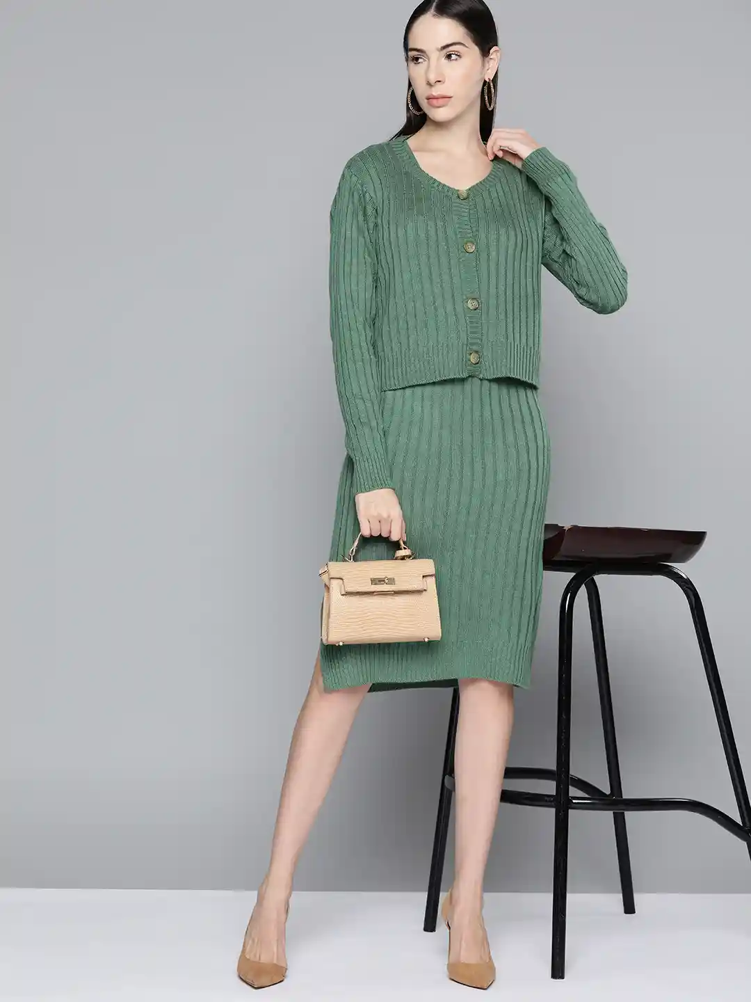 Buy Chemistry Green Cable Knit Sweater Dress with Pullover