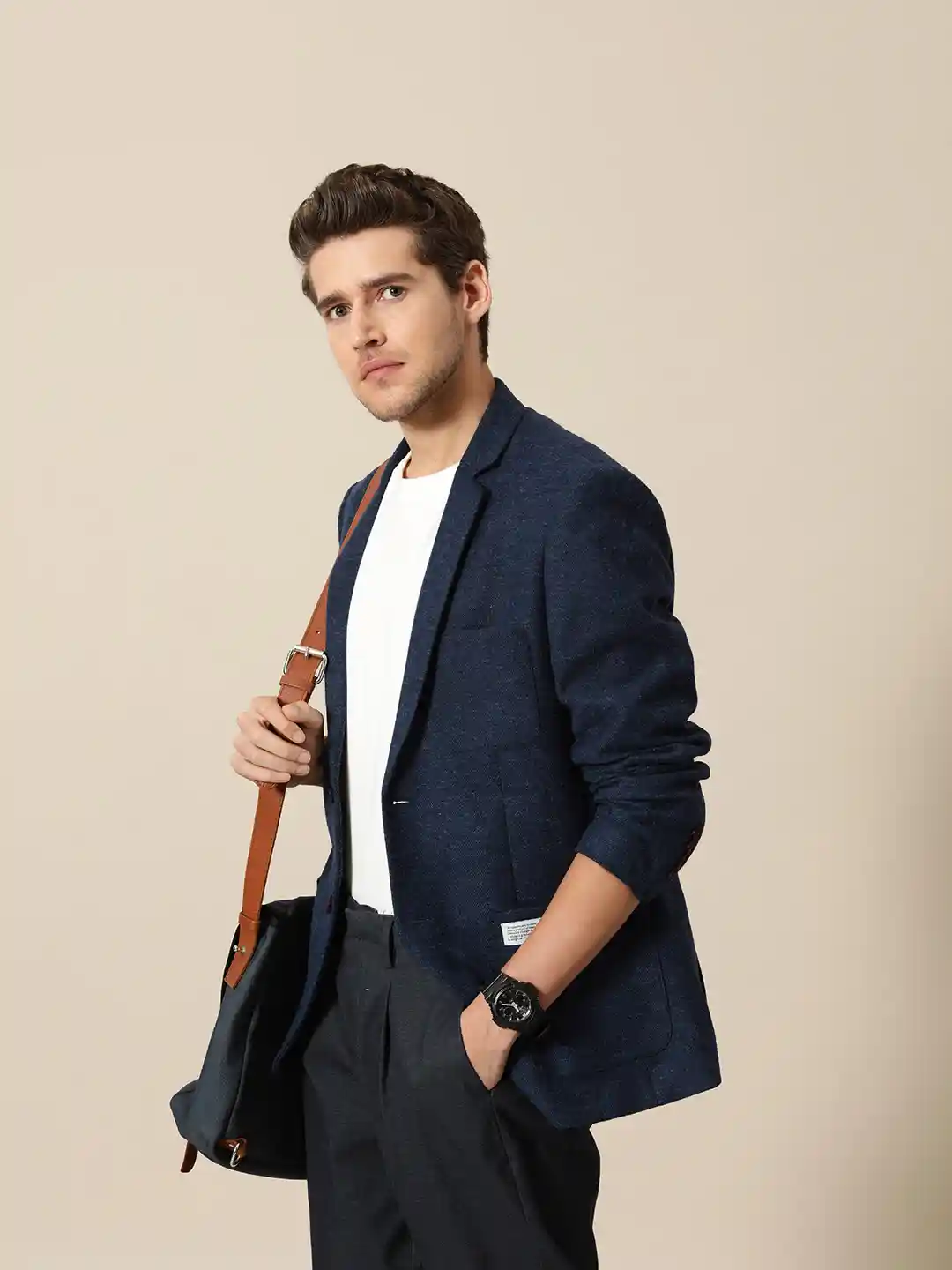 Buy Mr Bowerbird Men Navy Blue Solid Single Breasted Casual Tweed