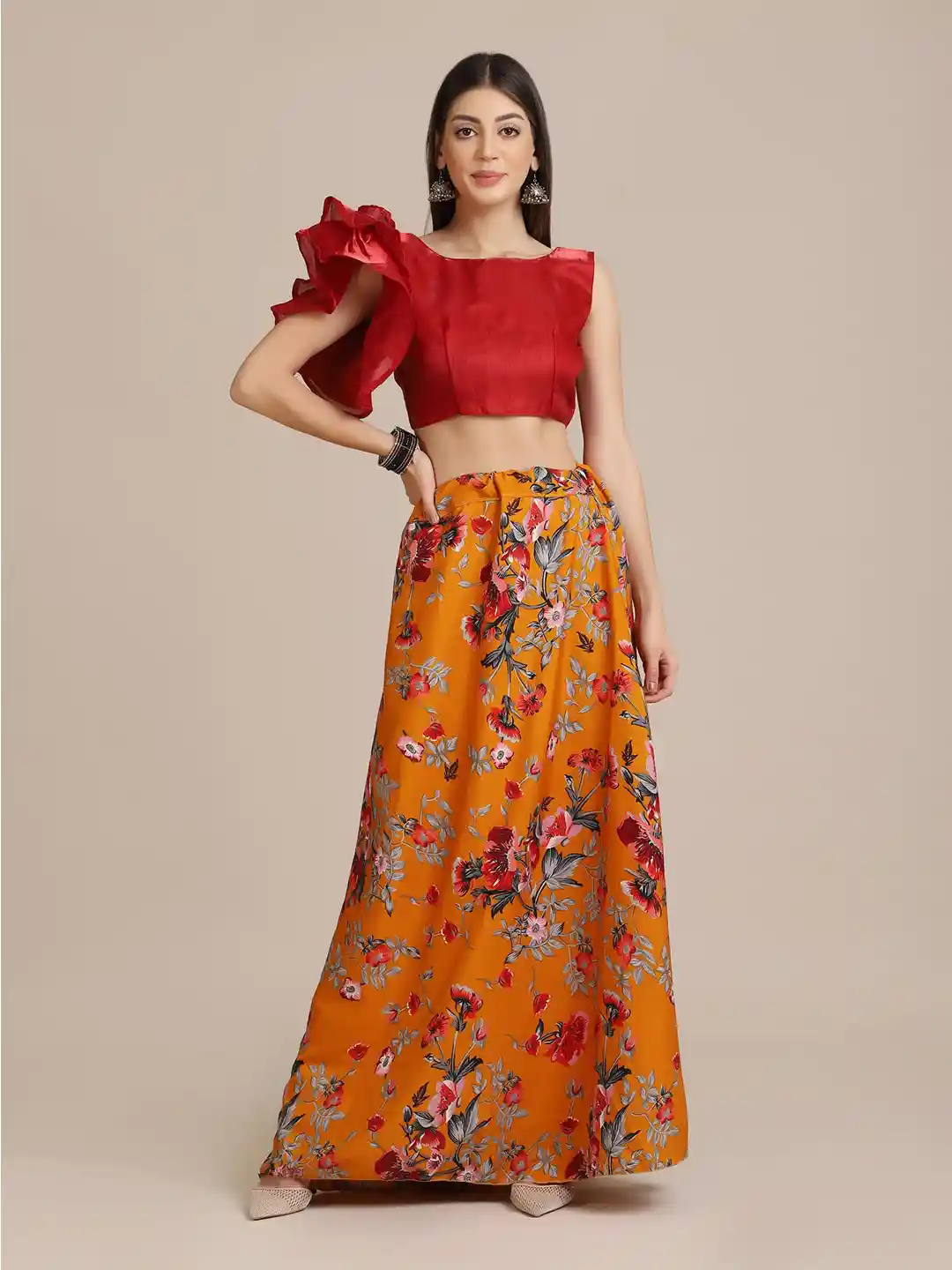 Buy Warthy Ent Yellow Red Printed Semi-Stitched Lehenga