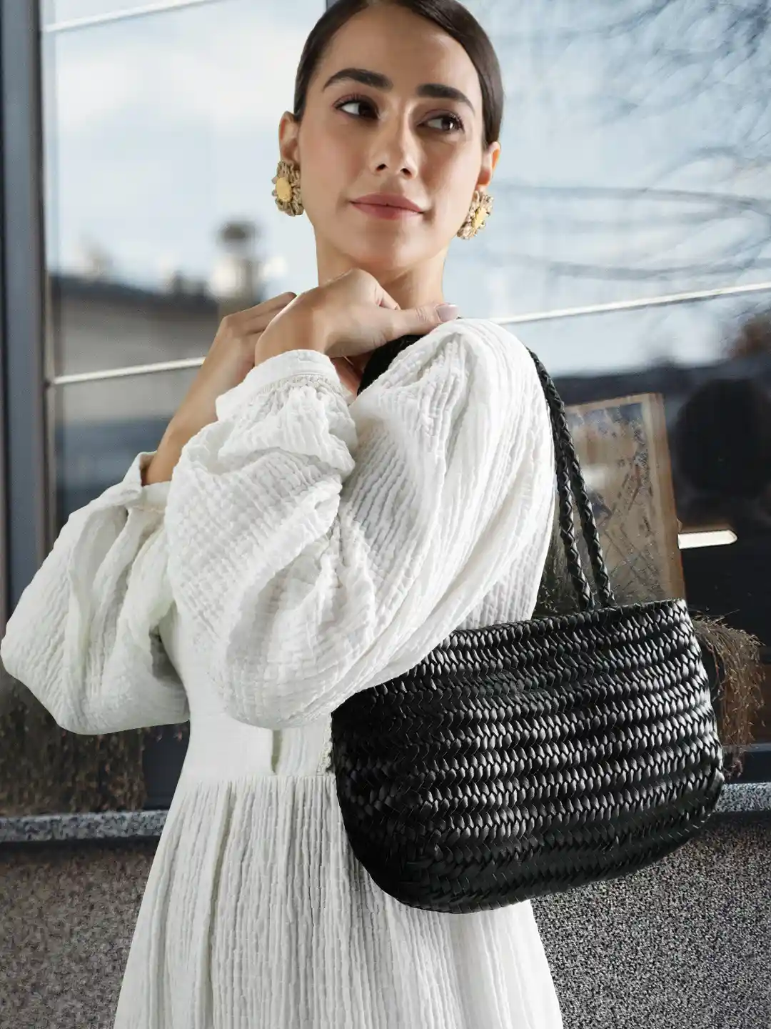 Designer Handbags Black Leather Weave Bag MANGO Black Leather