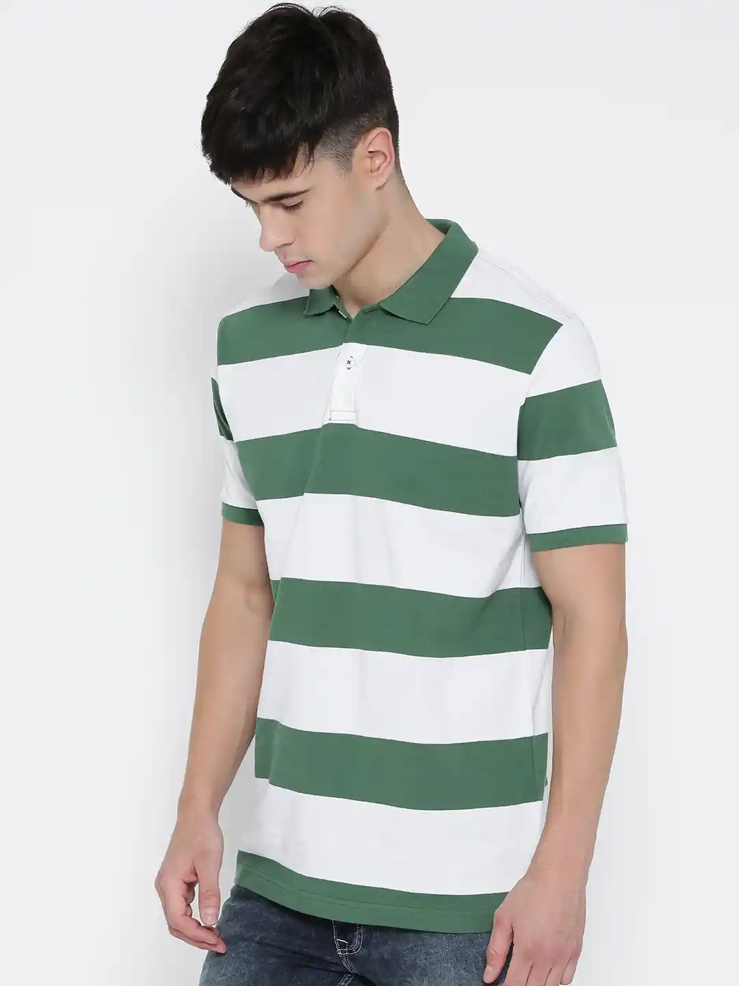 Buy Red Tape Men Green White Striped Slim Polo Collar T-shirt
