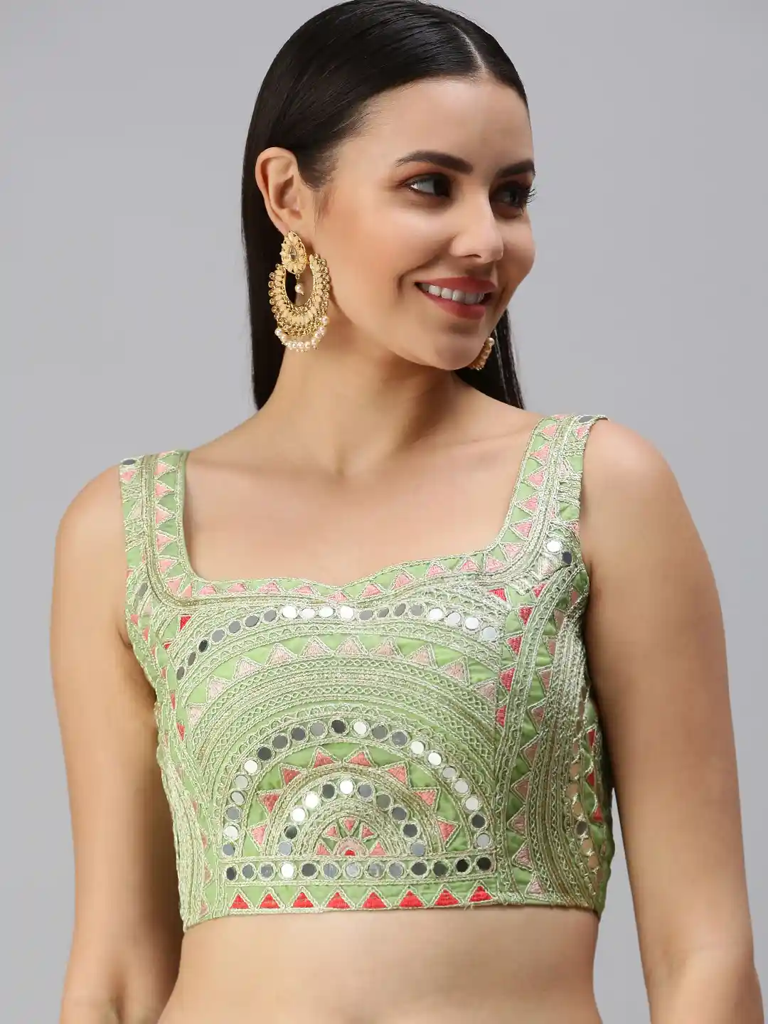 Buy flaher Green Mirror Work Embroidered Padded Readymade Blouse - Main Image