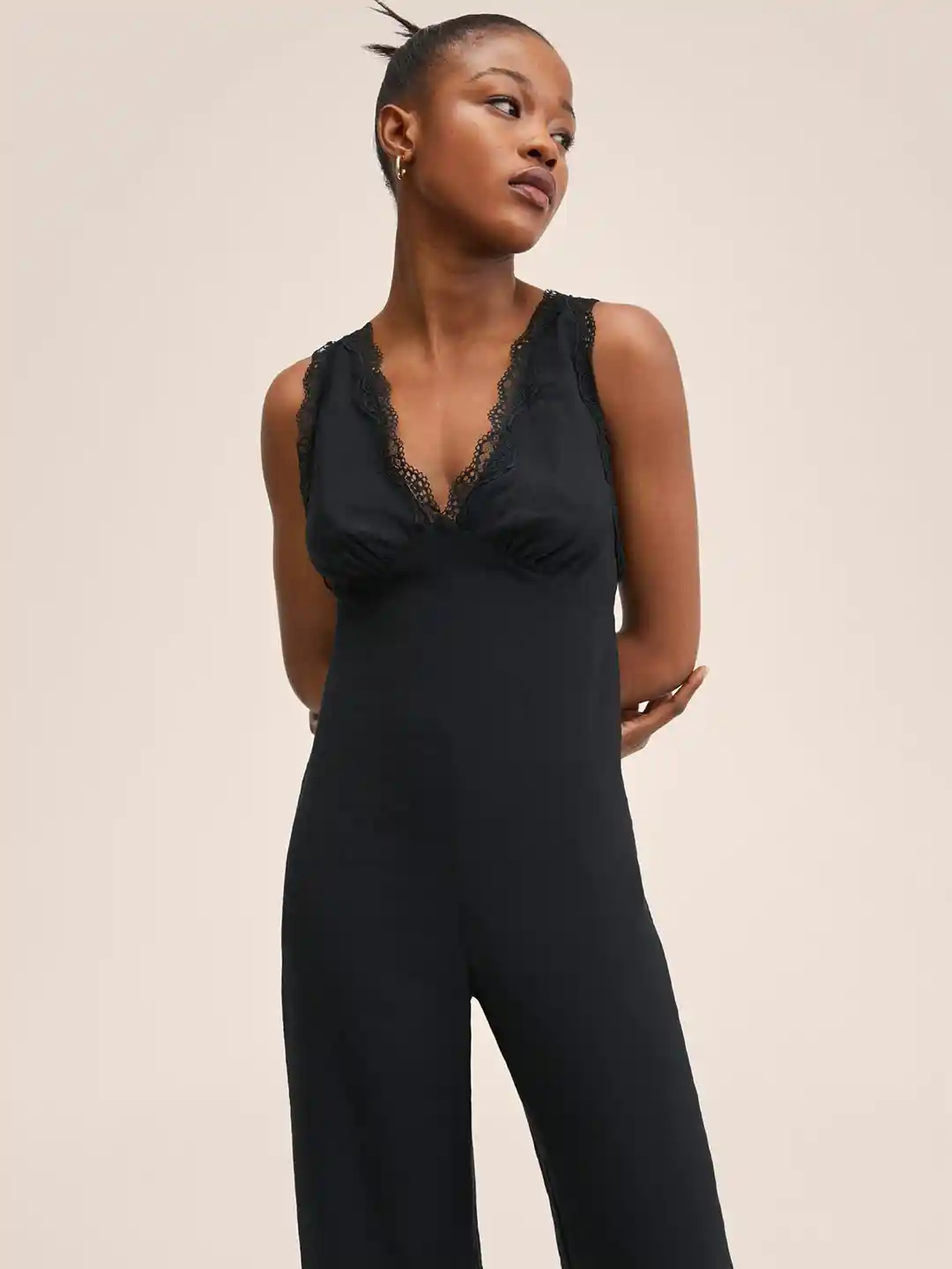 MANGO Black Modal Basic Jumpsuit with Lace Inserts