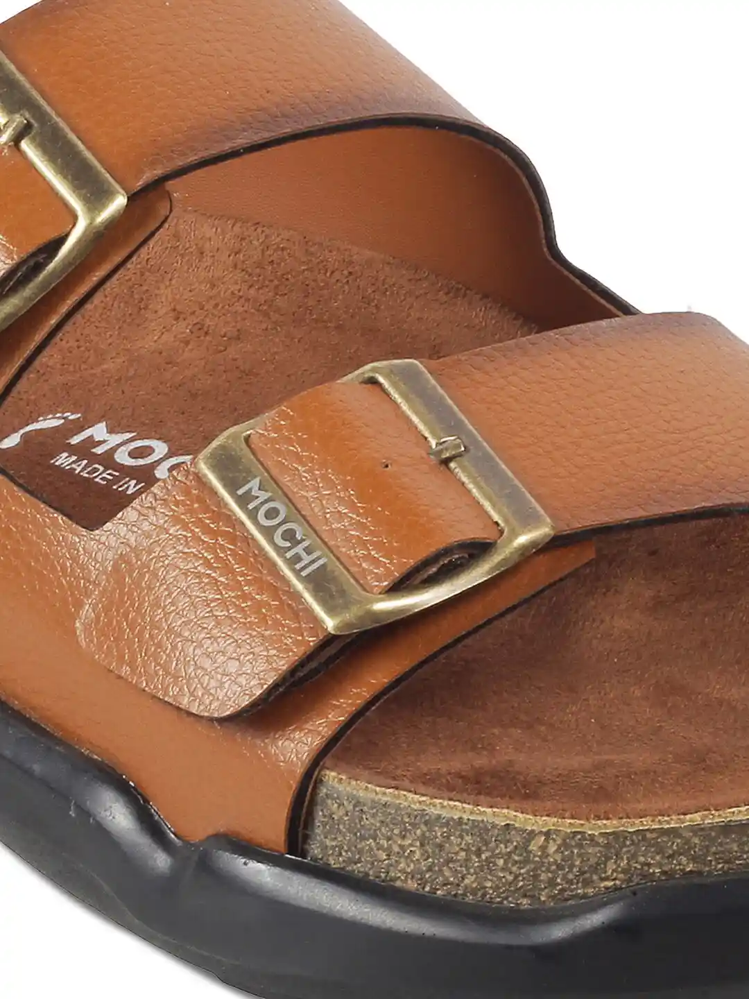 Buy Mochi Men Tan Gunmetal-Toned Leather Comfort Sandals