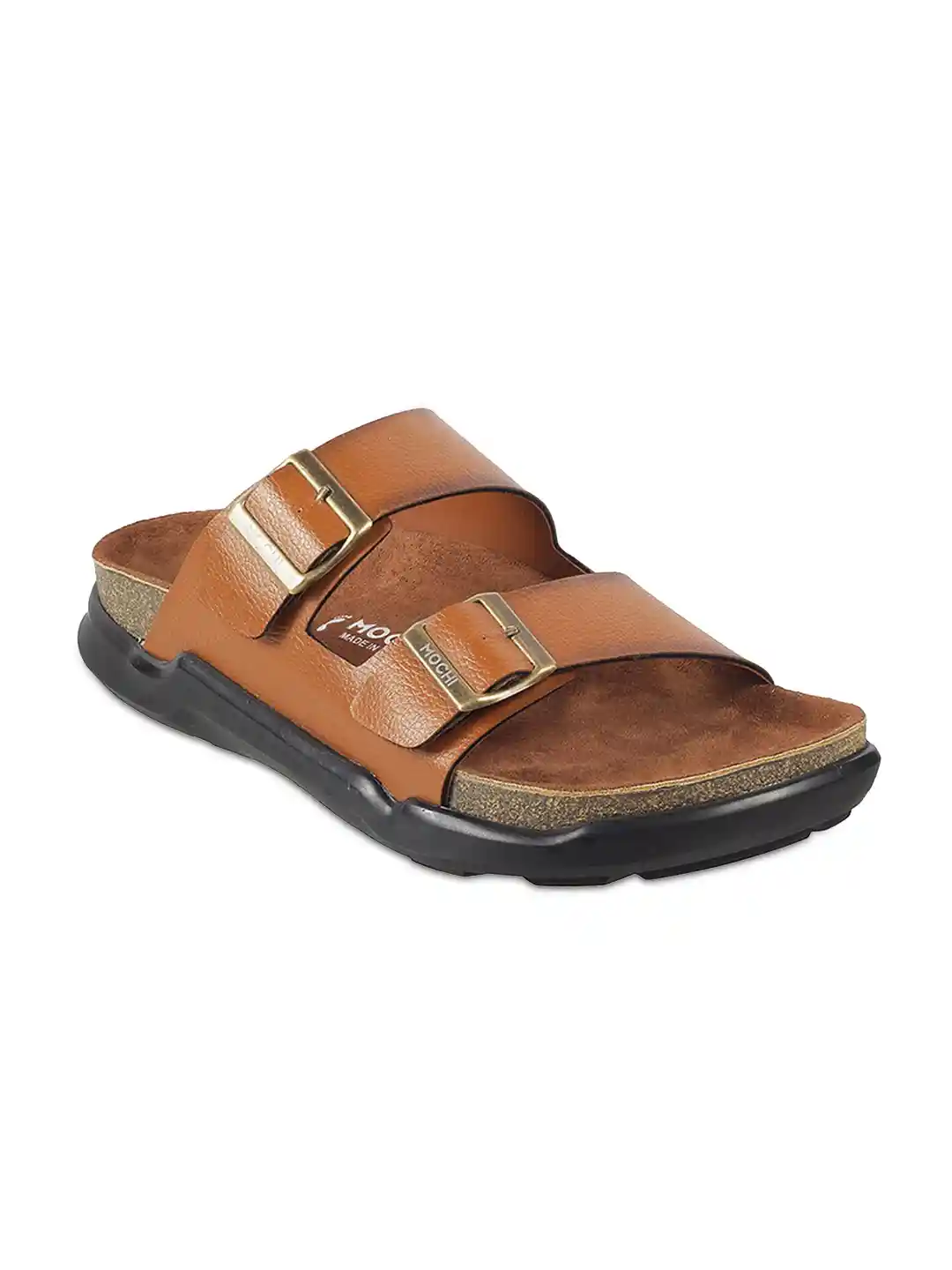 Mochi Men Tan Gunmetal-Toned Leather Comfort Sandals