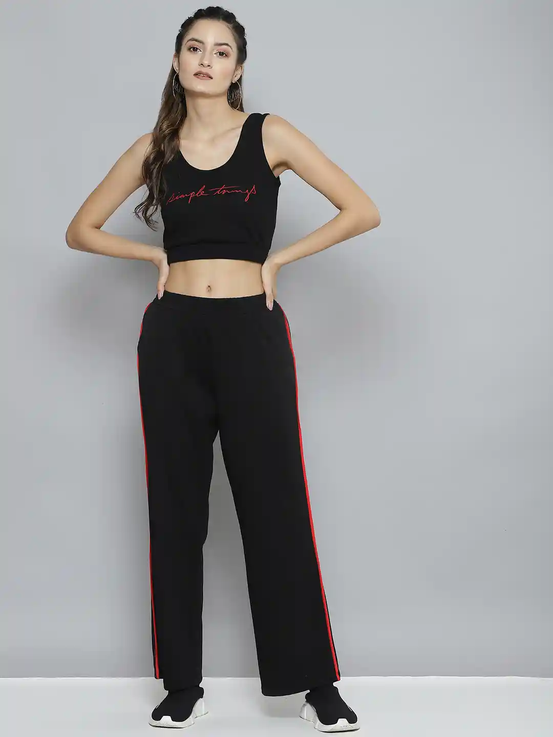 Buy SASSAFRAS Women Black Red Printed Crop Top Track Pants Co