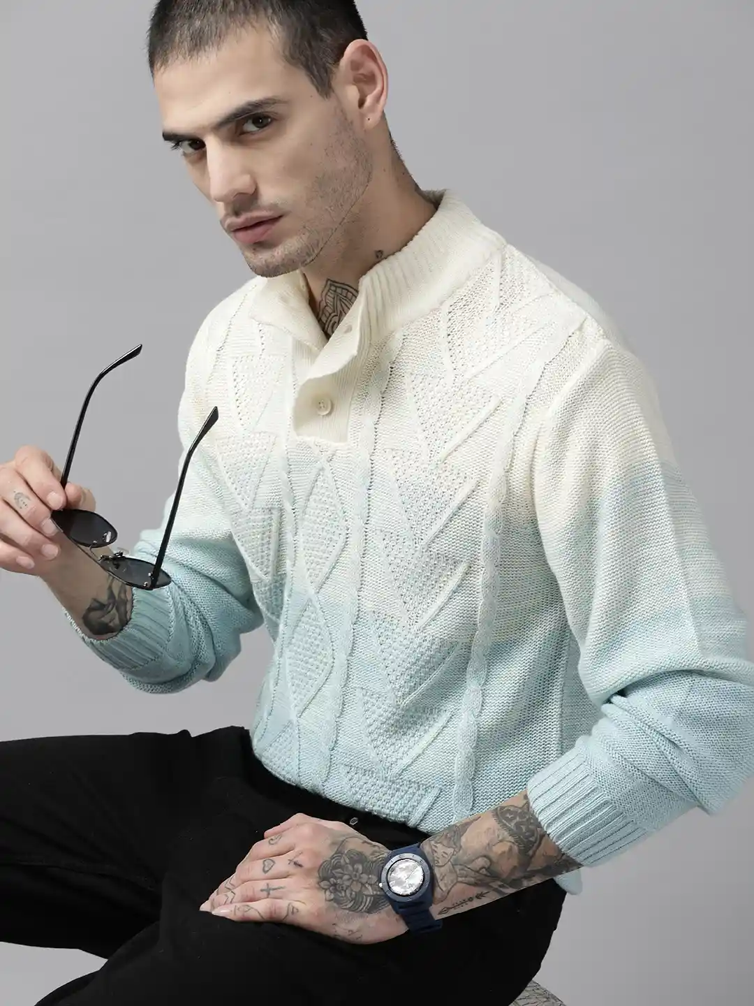 The Roadster Lifestyle Men Blue Cream-Coloured Cable Knit Pullover