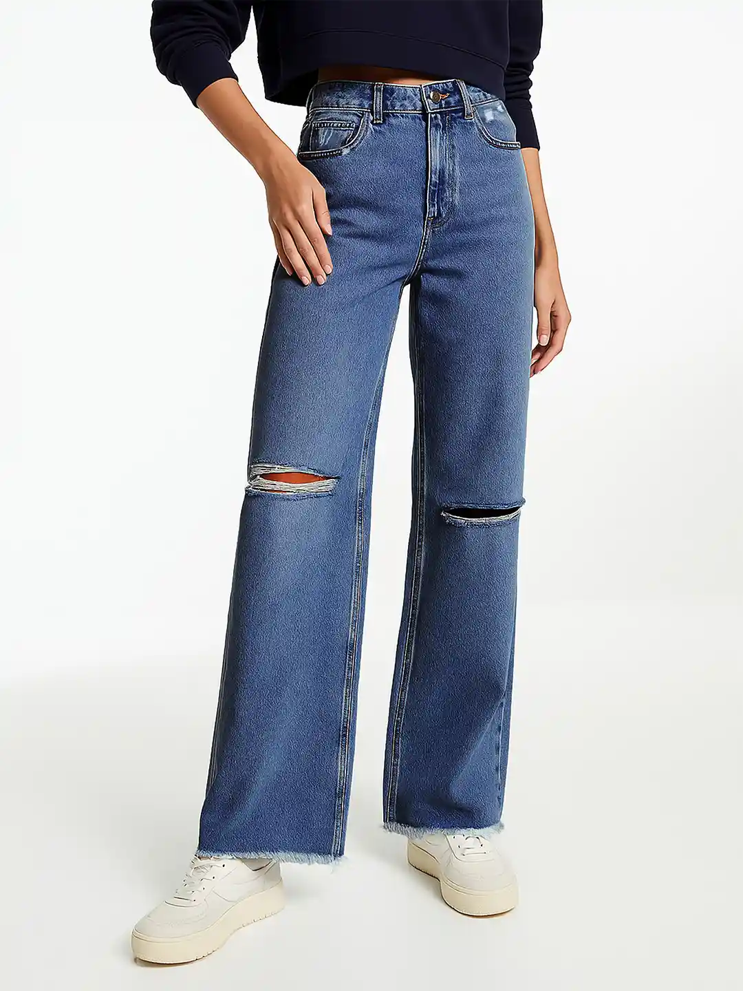 Buy SASSAFRAS Women Blue Comfort Wide Leg High-Rise Mildly