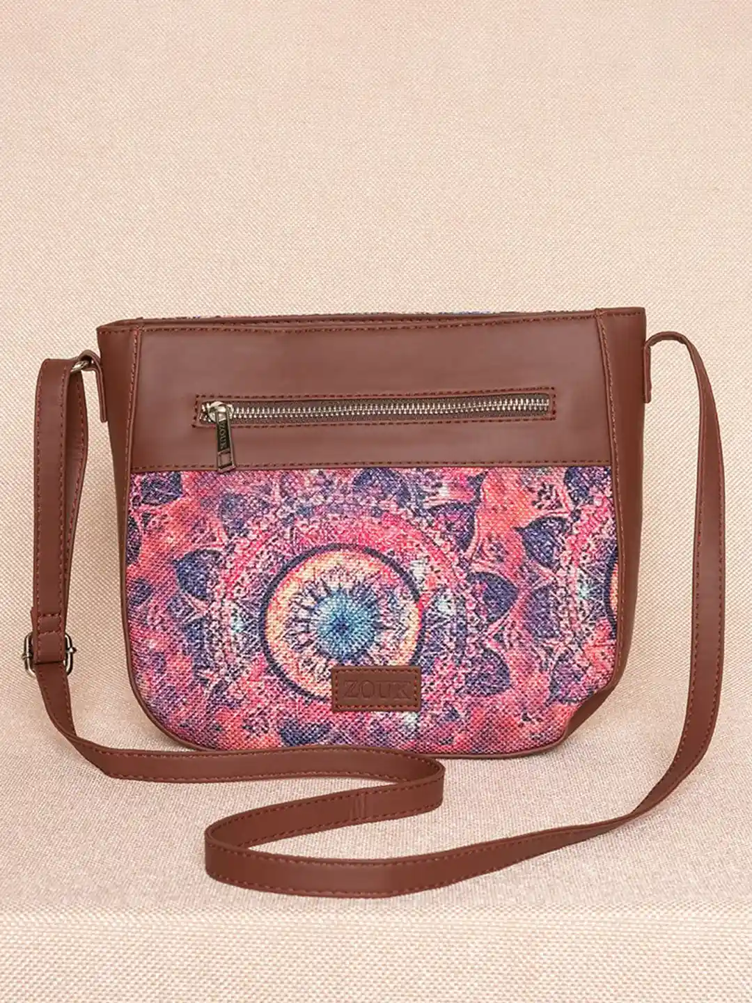 Buy ZOUK Women Pink Brown Floral Printed Structured Sling Bag