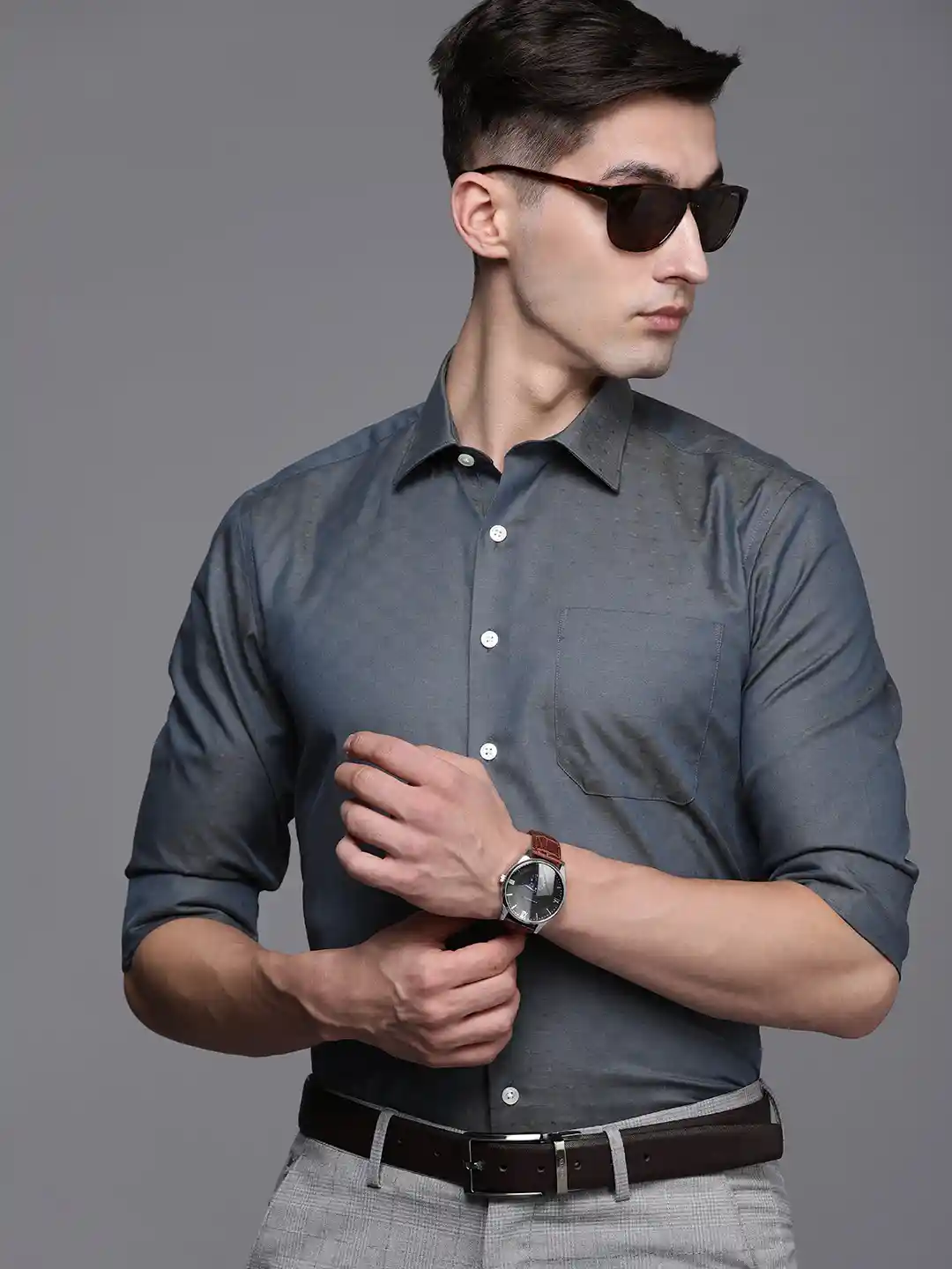 Buy Louis Philippe Men Blue Textured Slim Fit Fiesta Collection