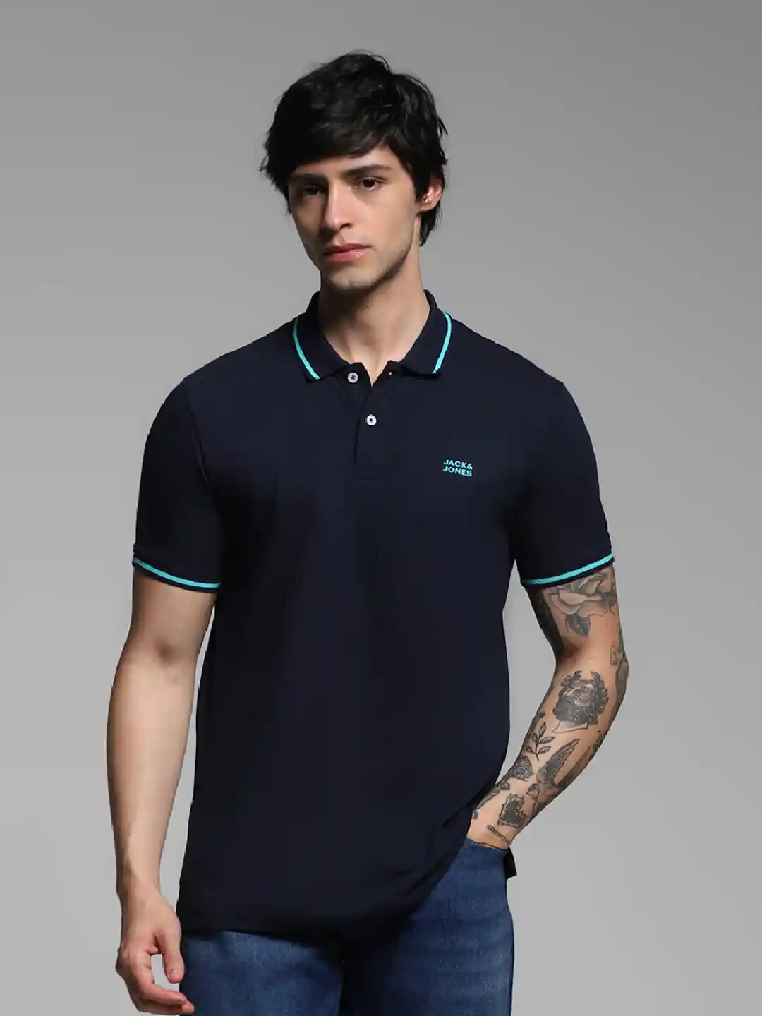Buy Jack Jones Men Navy Blue Polo Collar Cotton Lounge T-shirt