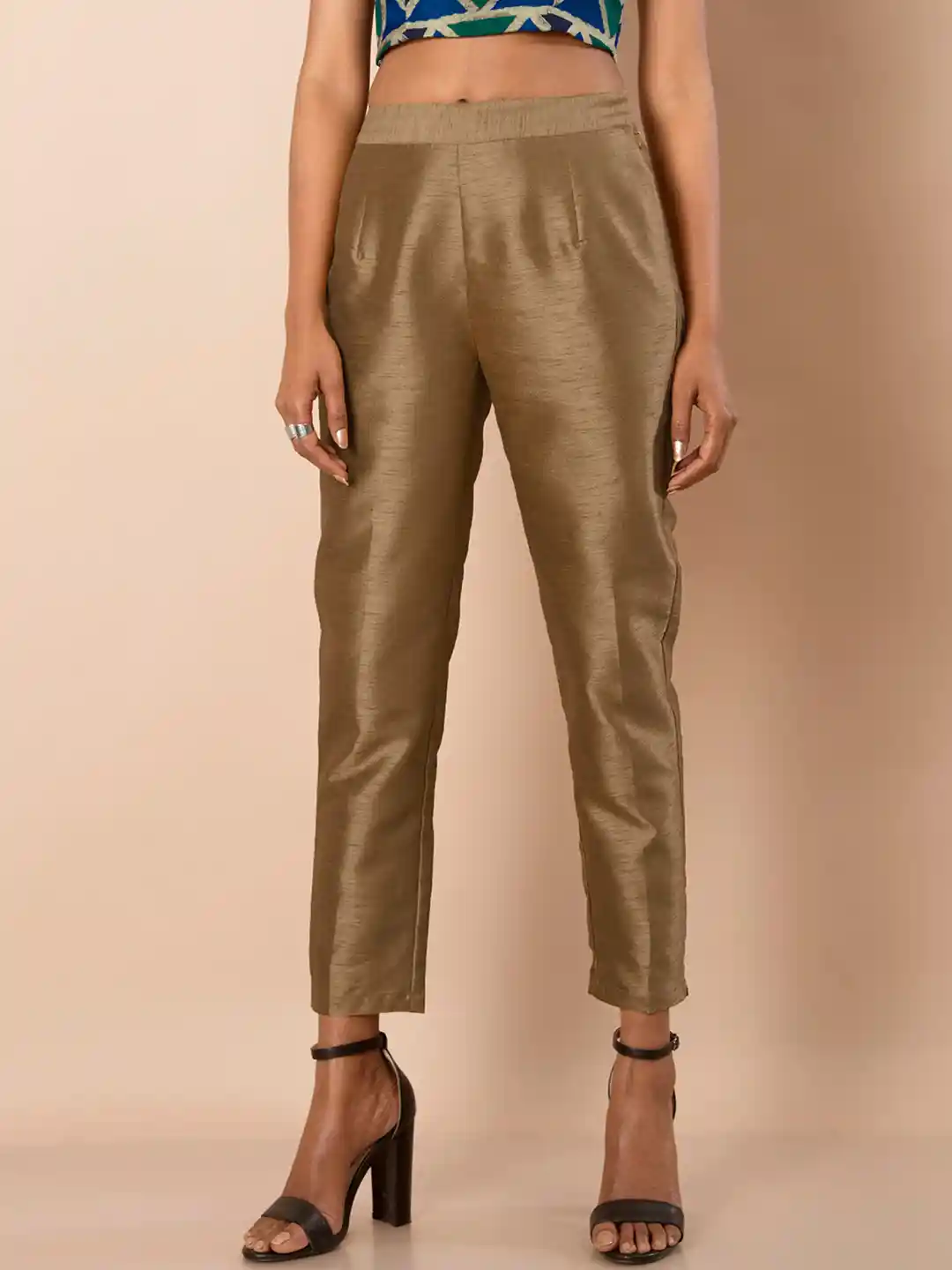 Buy INDYA Gold-Toned Silk Cigarette Trousers Trousers for Women