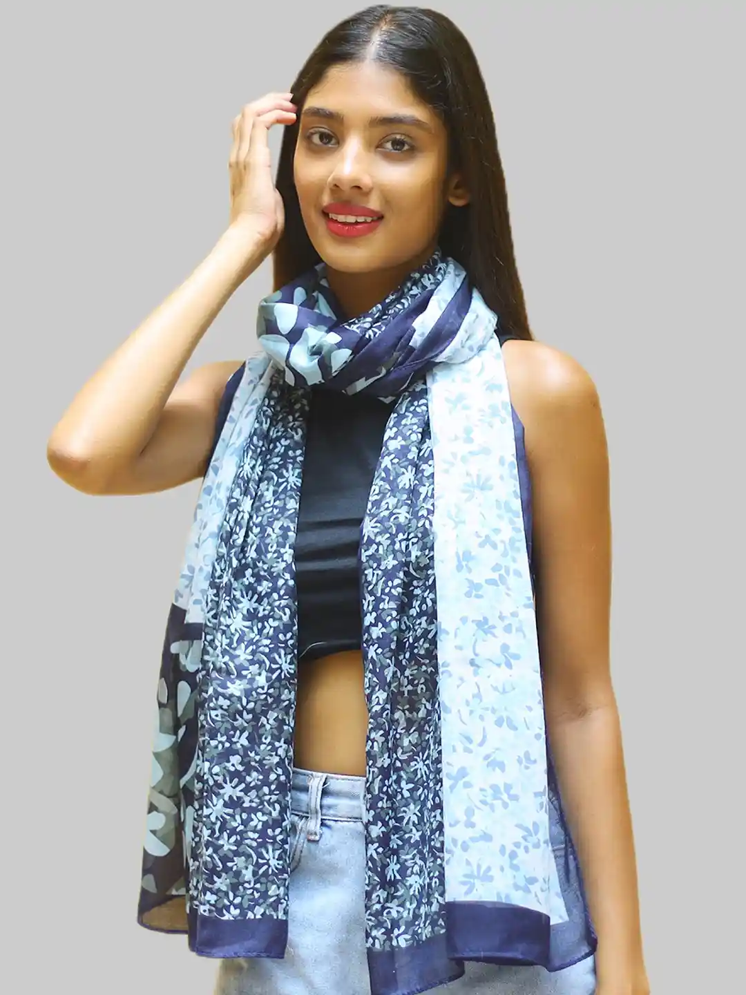 Buy Ayesha Women Printed Poly-Cotton Blue Scarf Scarves for