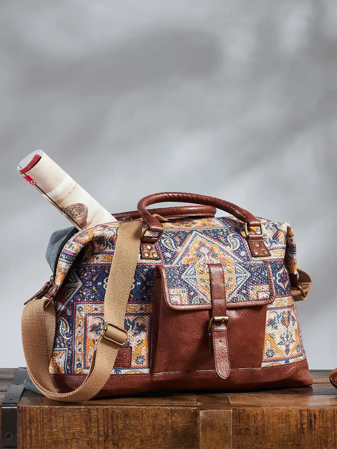 Buy Mona B Blue Brown Large Duffel Bag with Outside Pocket and