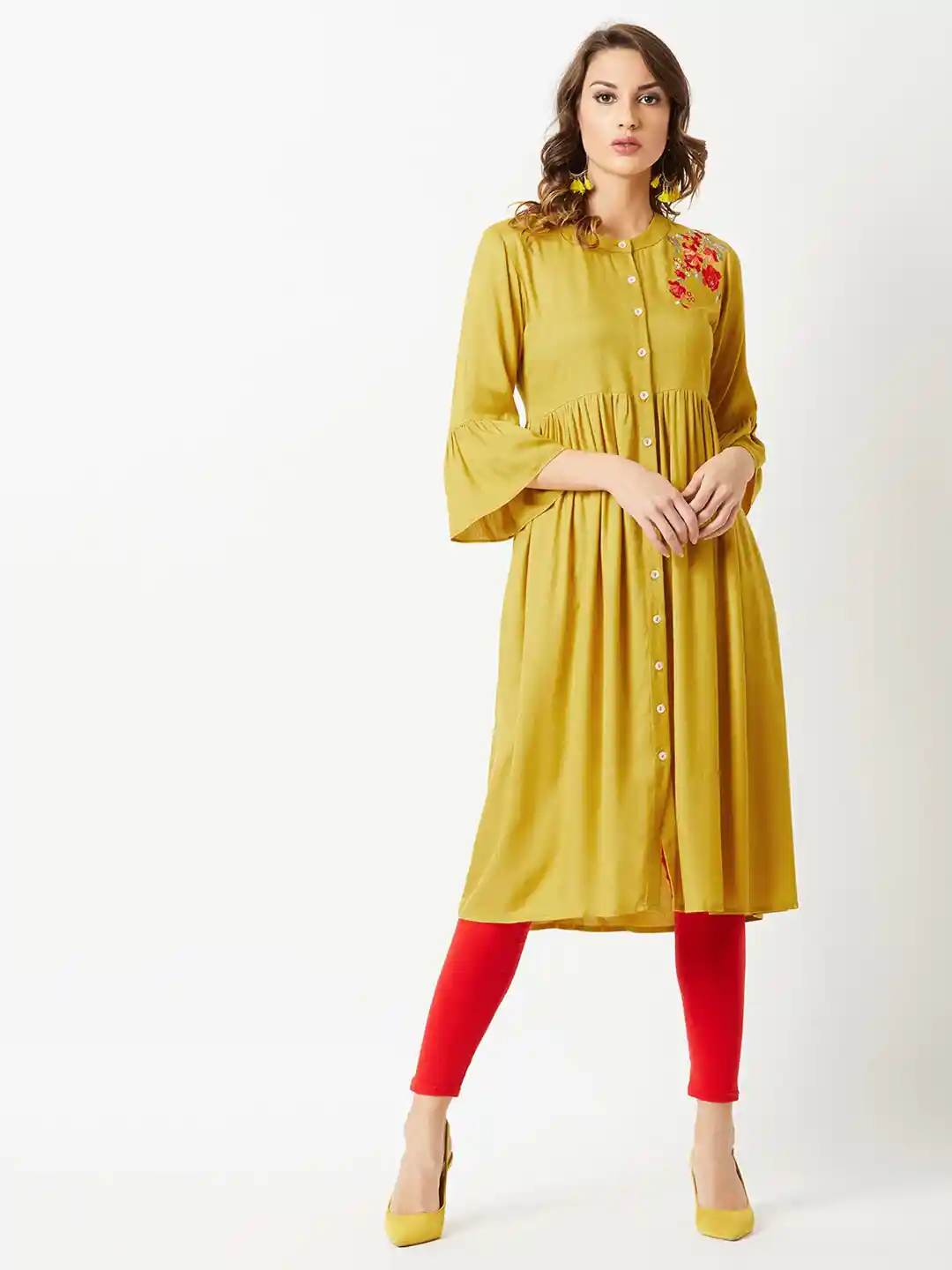 Buy Miss Chase Mustard Yellow Red Floral Embroidered Shirt Dress