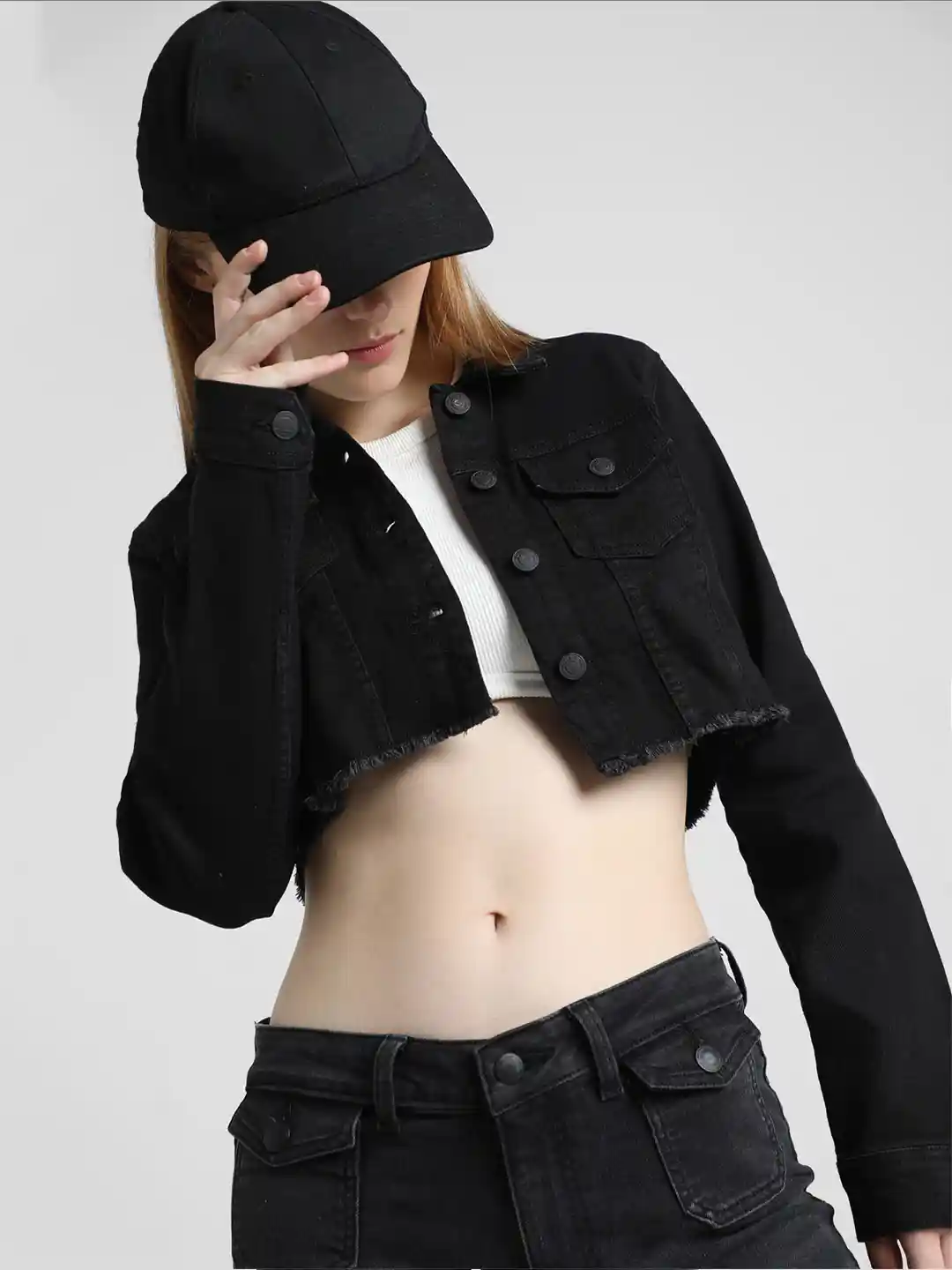 ONLY Women Black Solid Cropped Denim Jacket