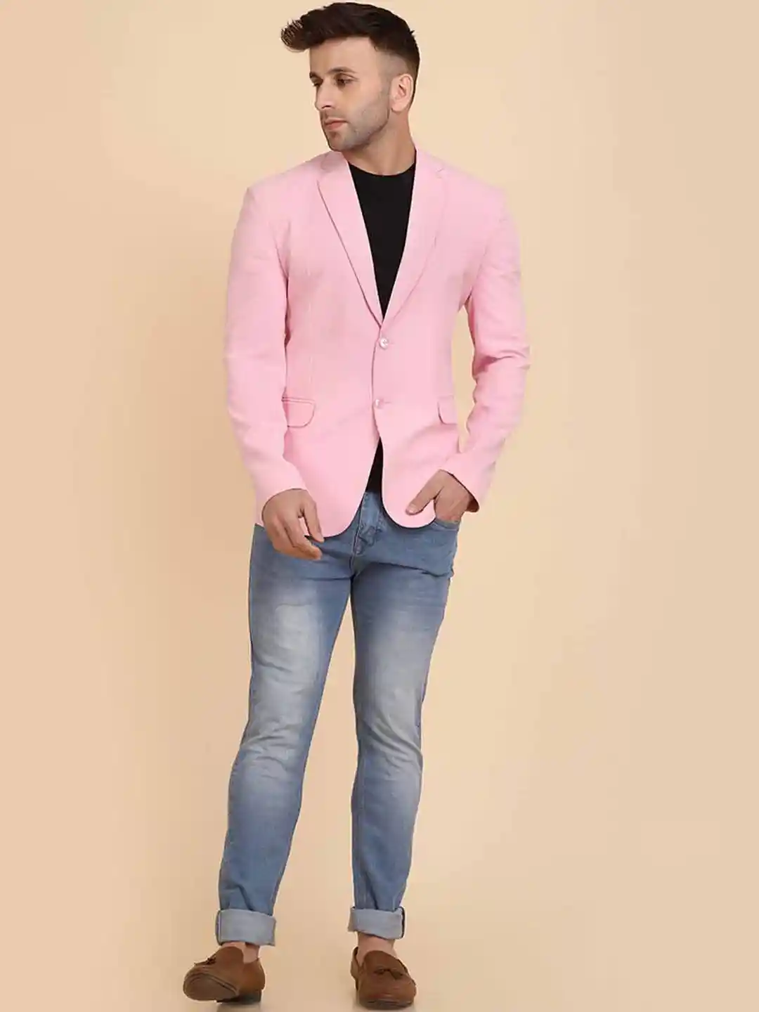 TAHVO Men Pink Solid Suede Slim-Fit Blazers