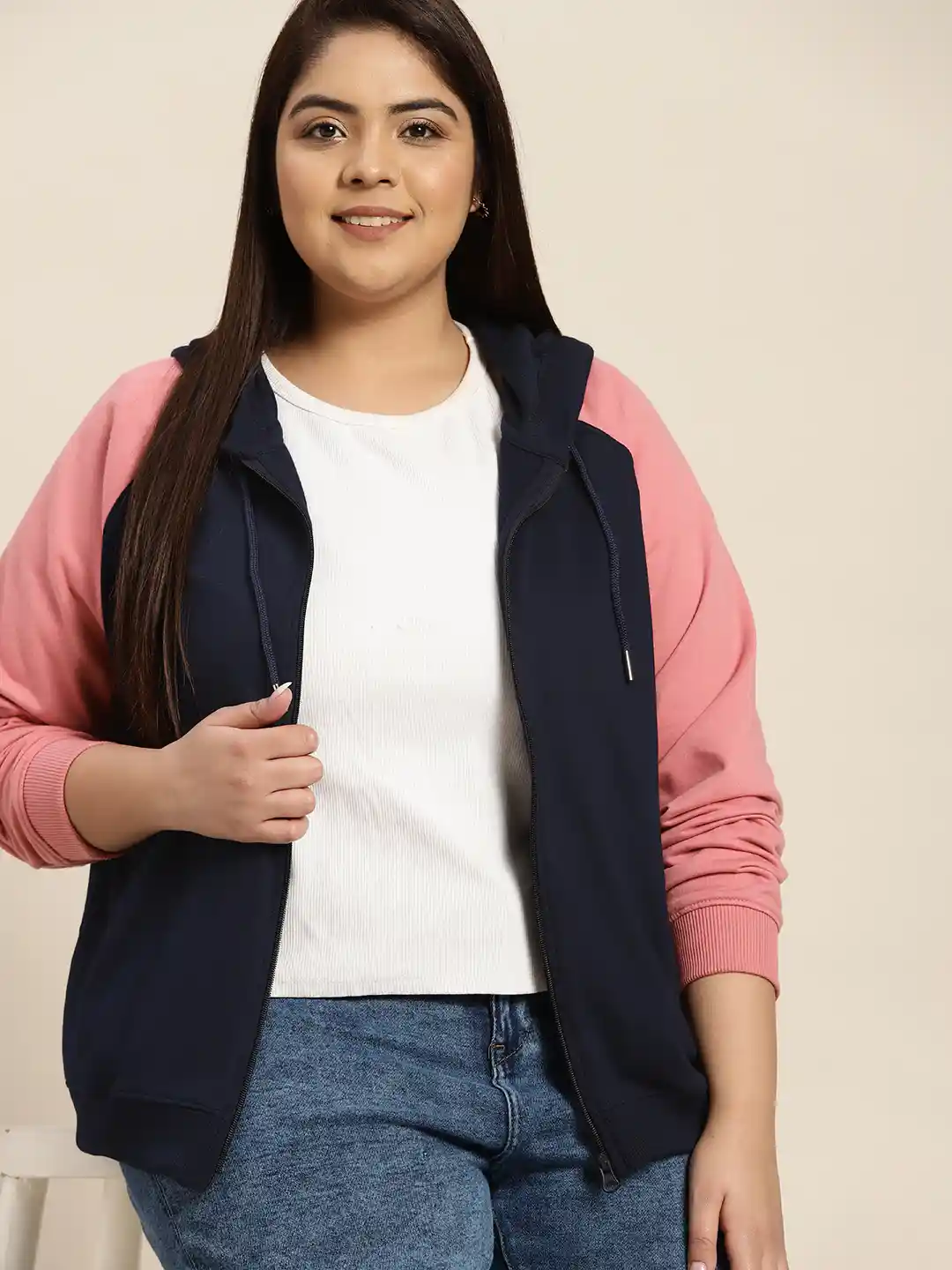 Sztori Women Plus Size Navy Blue Pink Solid Hooded Sweatshirt