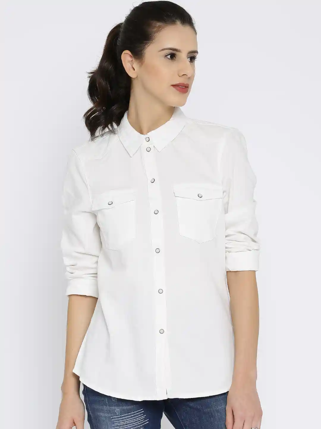 Buy Vero Moda Women White Slim Fit Solid Casual Denim Shirt