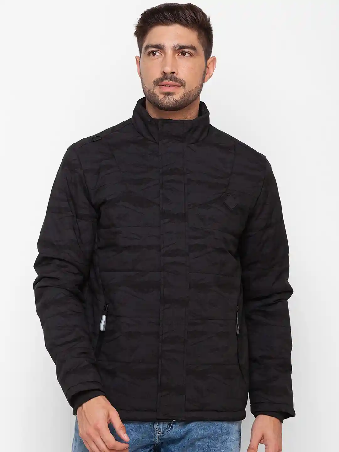 SPYKAR Men Black Camouflage Open Front Jacket