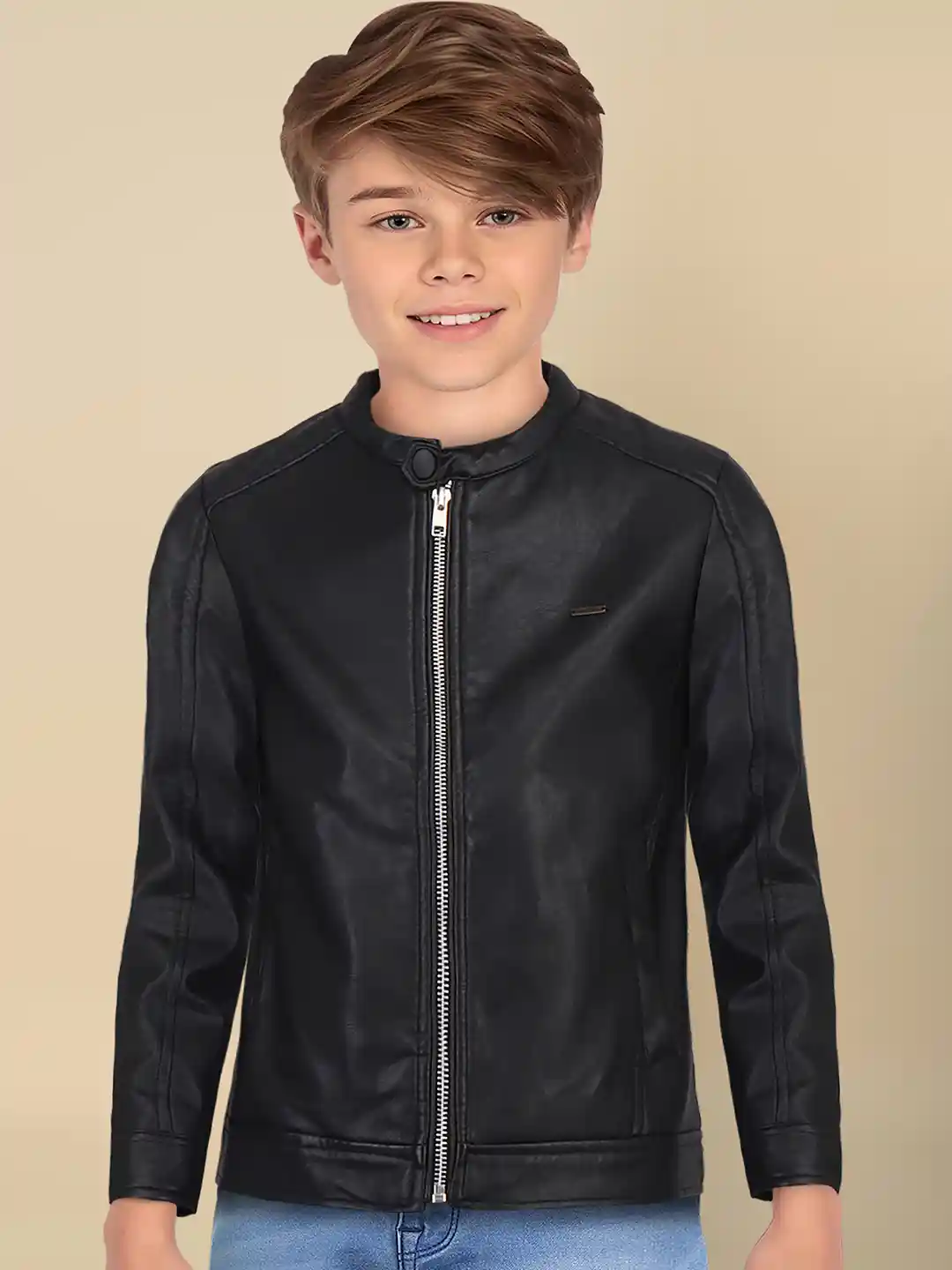 Faux Leather Boys Leather Jacket With Fur Grease T Bird Jacket