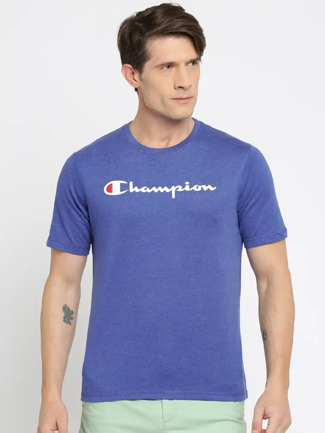 Buy Champion Men Blue Solid Round Neck Pure Cotton T-shirt