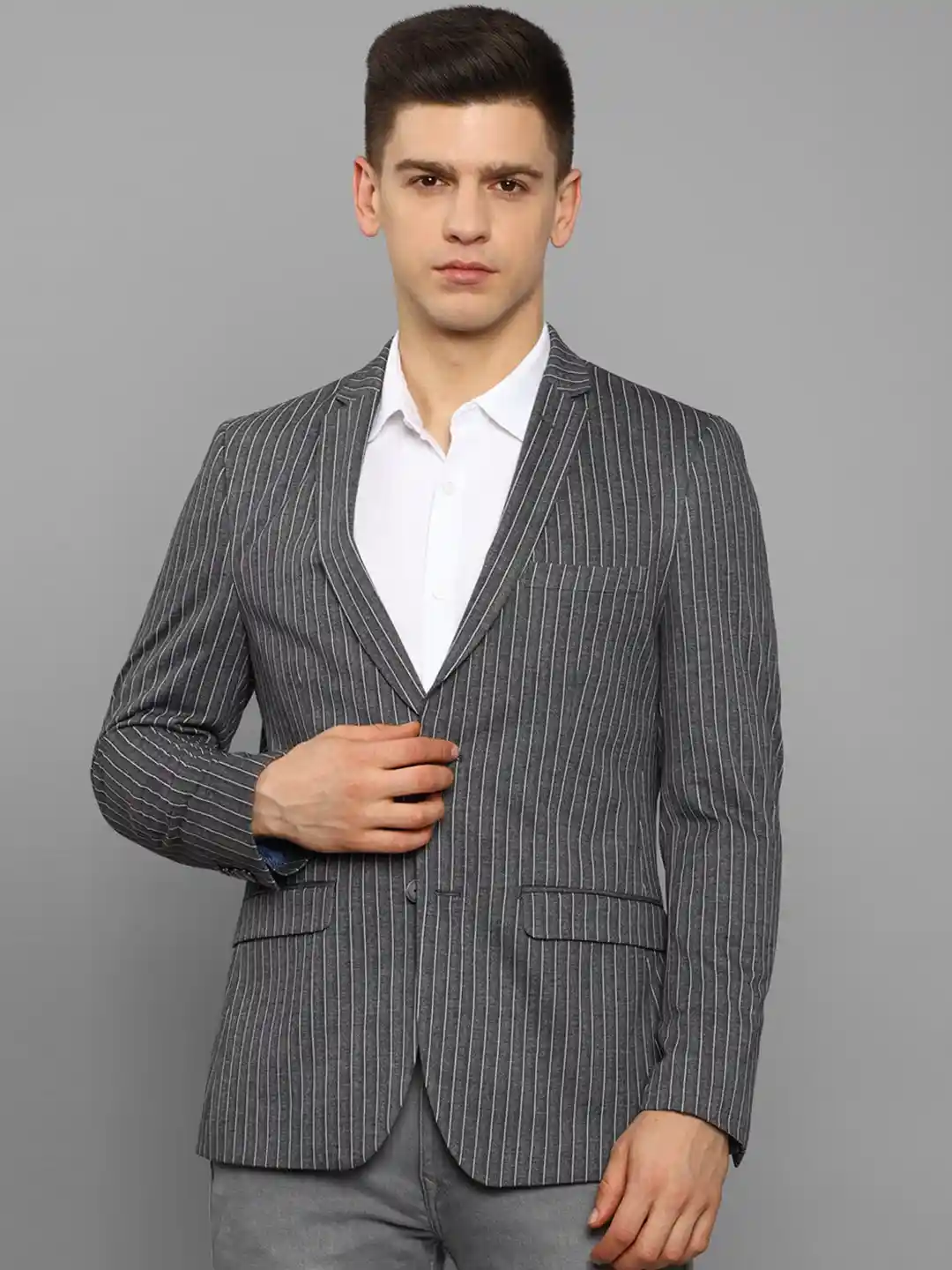 Buy Louis Philippe Sport Men Grey White Striped Single-Breasted