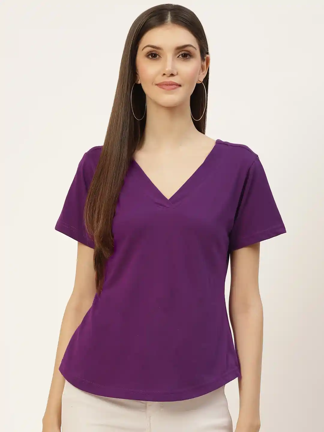 Womens Solid Purple T Shirt BRINNS Women Purple Solid Pure Cotton - Main Image