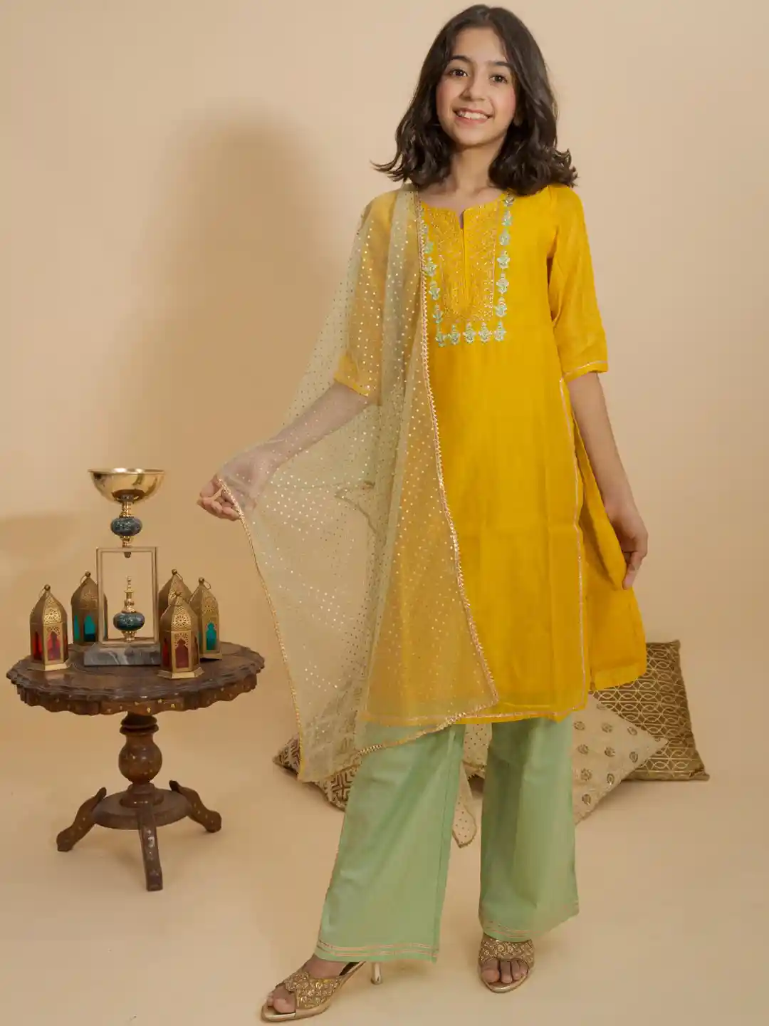 Buy BANI KIDS Girls Yellow Ethnic Motifs Embroidered Empire