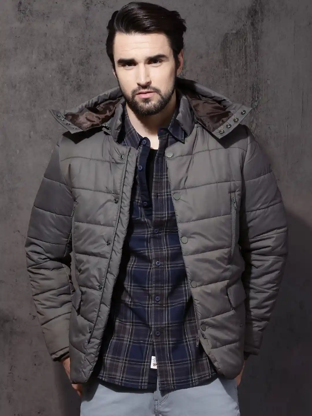 Style Cool Puffer Coats Roadster Men Grey Solid Puffer Jacket