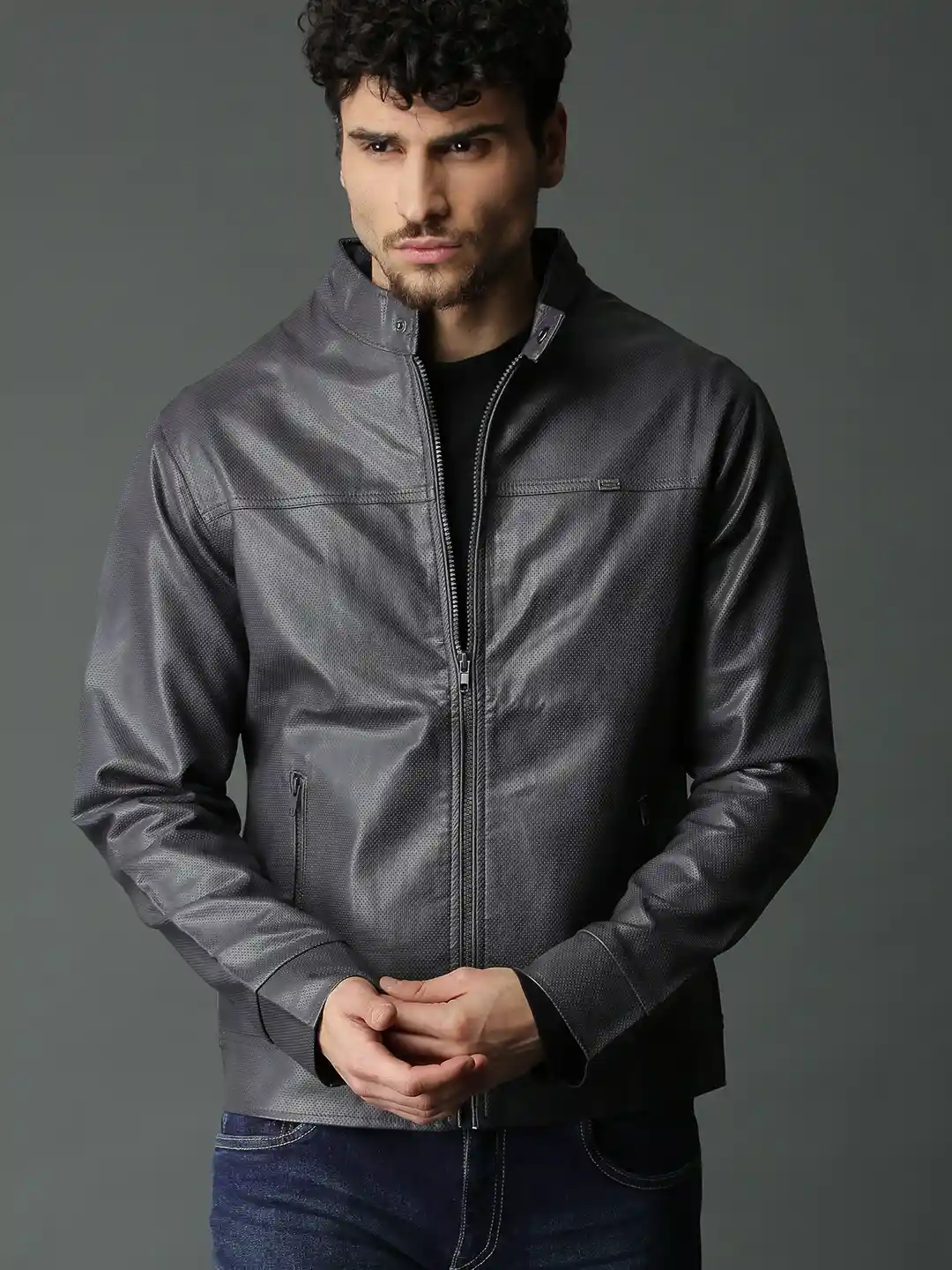 Buy Roadster Men Charcoal Grey Perforated Biker Jacket Jackets