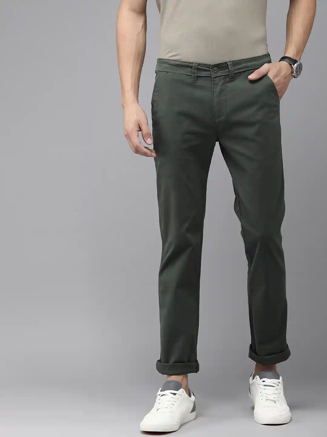 Buy Pepe Jeans Men Olive Green Solid Slim Fit Chinos Trousers