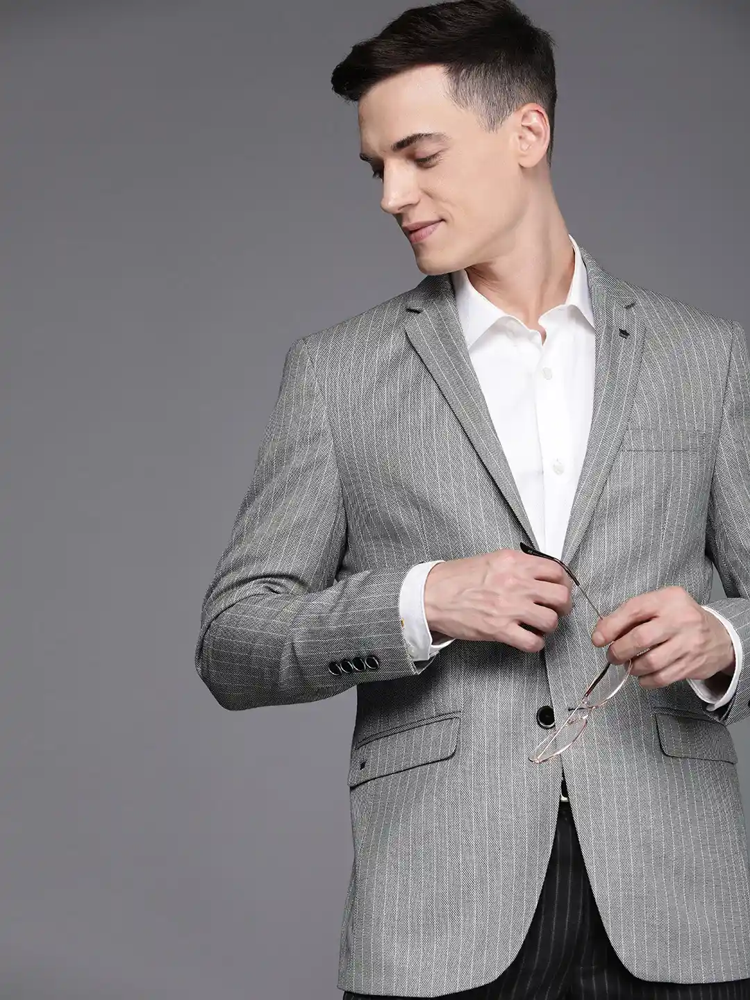 Buy Louis Philippe Men Grey And White Striped Slim Fit Single