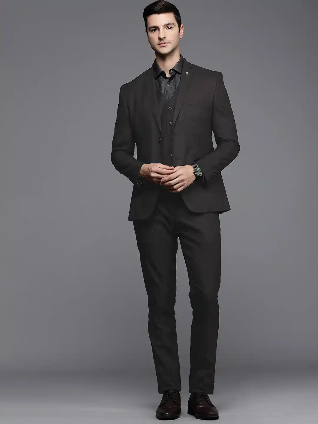 Buy Theme Men Black Self Design Checked 3-Piece Slim Fit Formal