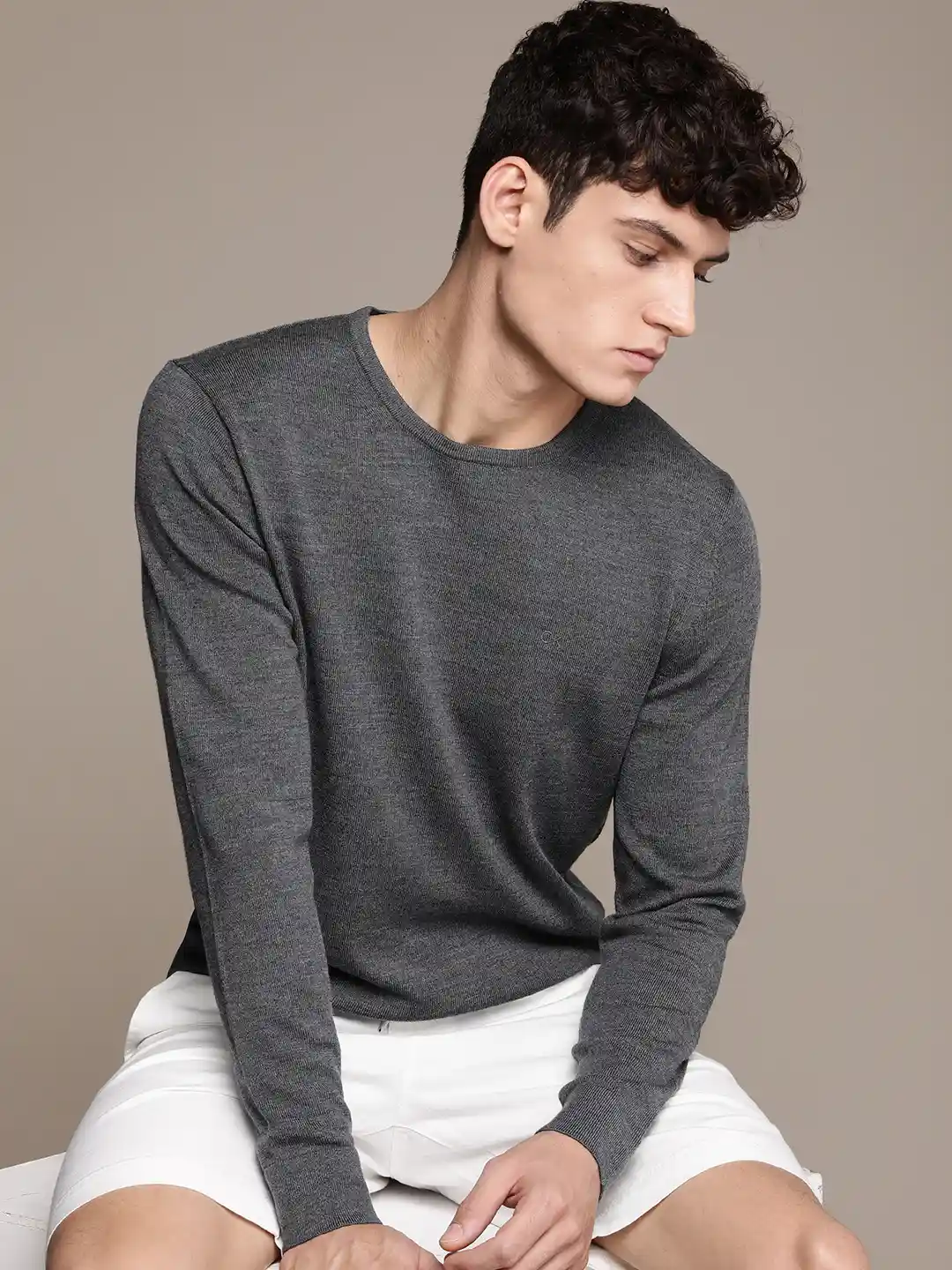Buy Calvin Klein Jeans Men Grey Solid Crew Neck Pullover Sweater