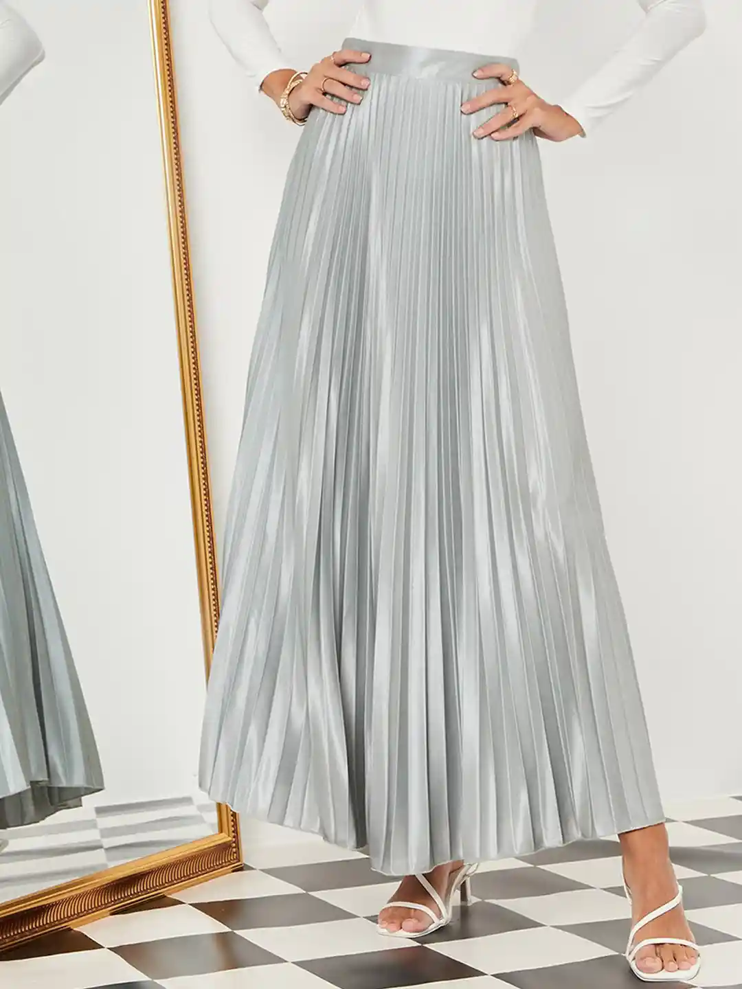 Maxi Skirt Grey Pleated Skirt Womens Buy Styli Womens Grey Satin - Main Image