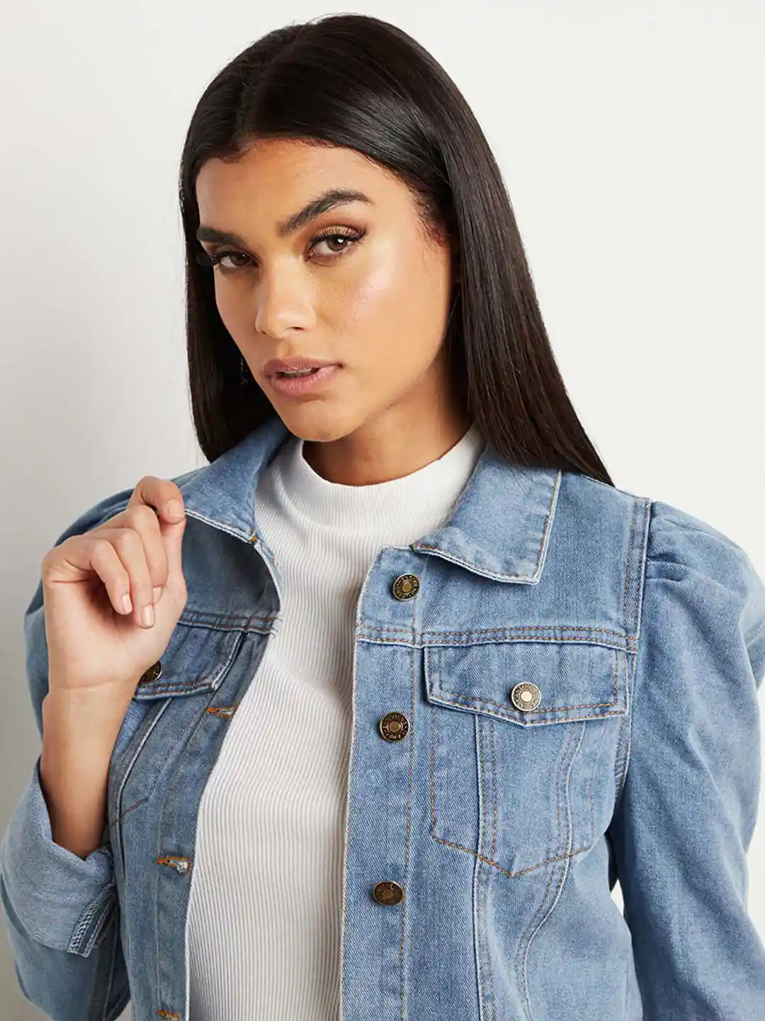 holiday DAMAGE DENIM PUFF JACKET Hand Embellished Puff Sleeved