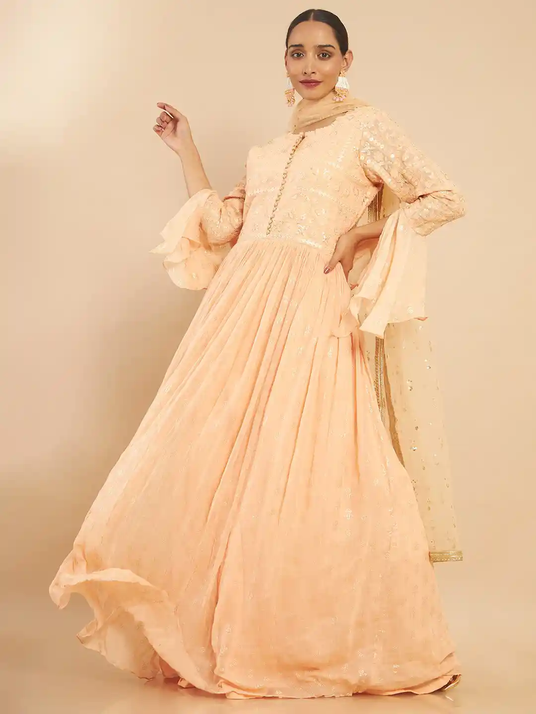 Buy Soch Women Peach-Coloured Ethnic Motifs Pleated Sequinned