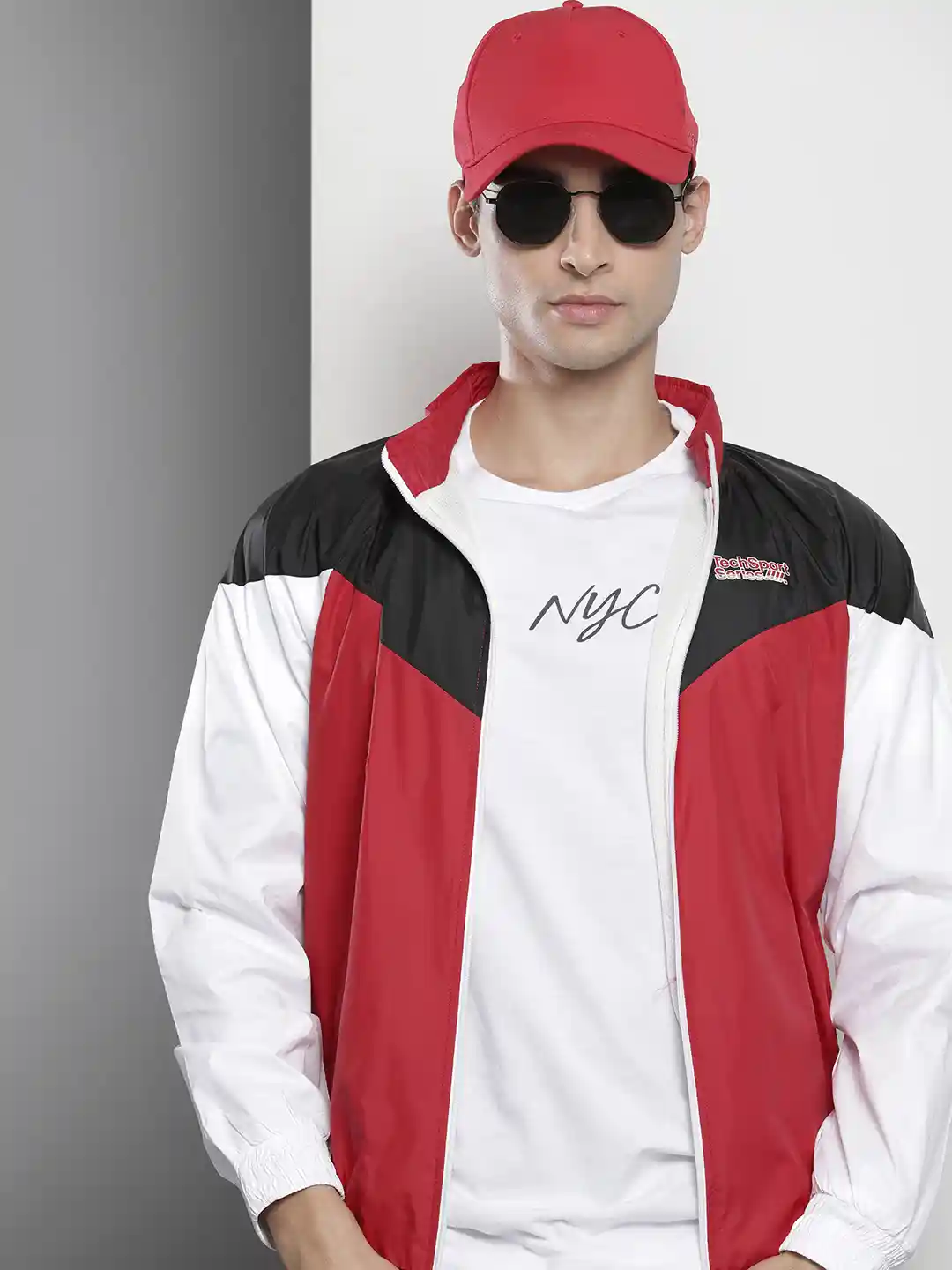 The Indian Garage Co Men Red White Colourblocked Windcheater Jacket