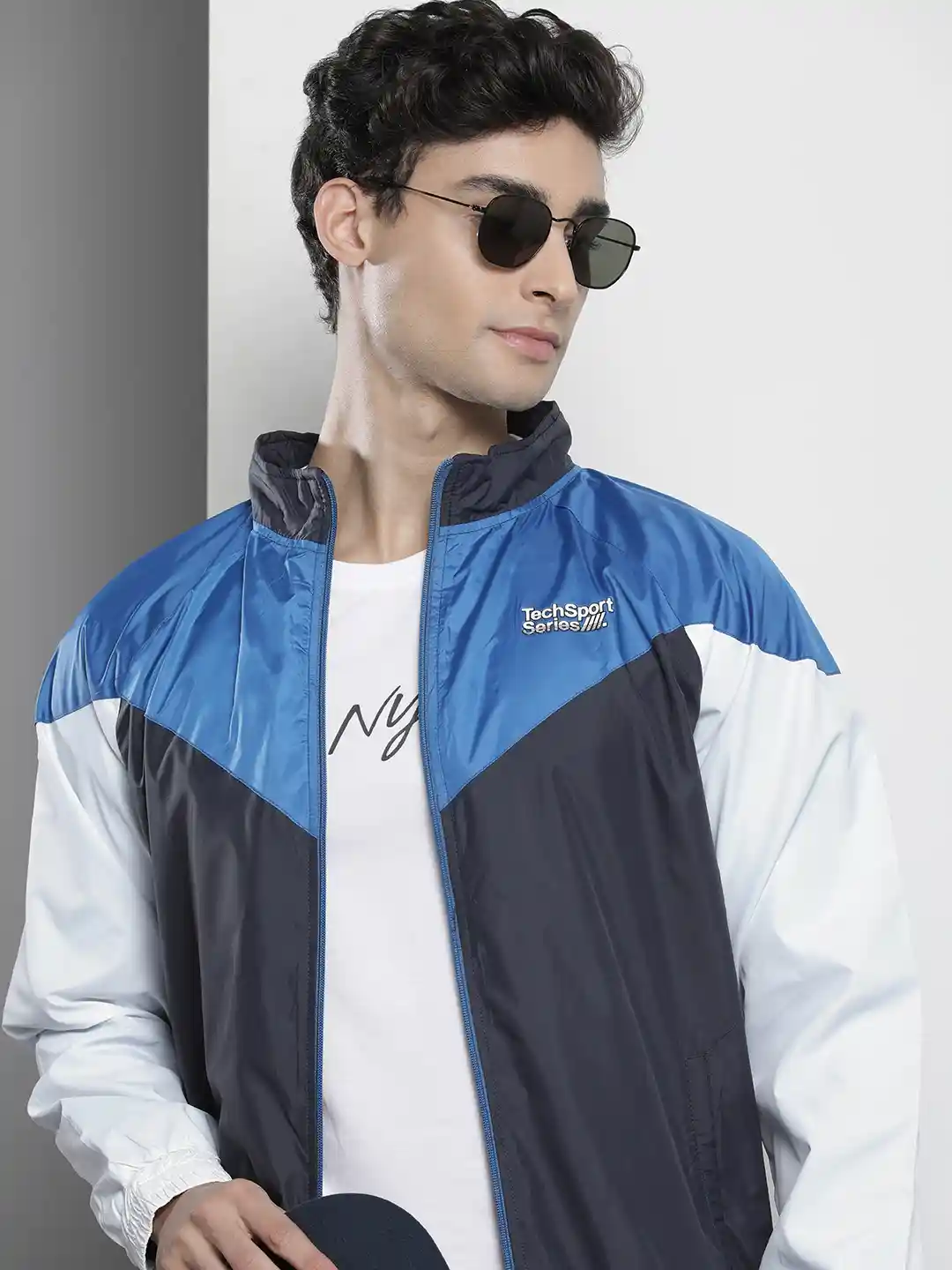 The Indian Garage Co Men Blue White Colourblocked Windcheater Jacket
