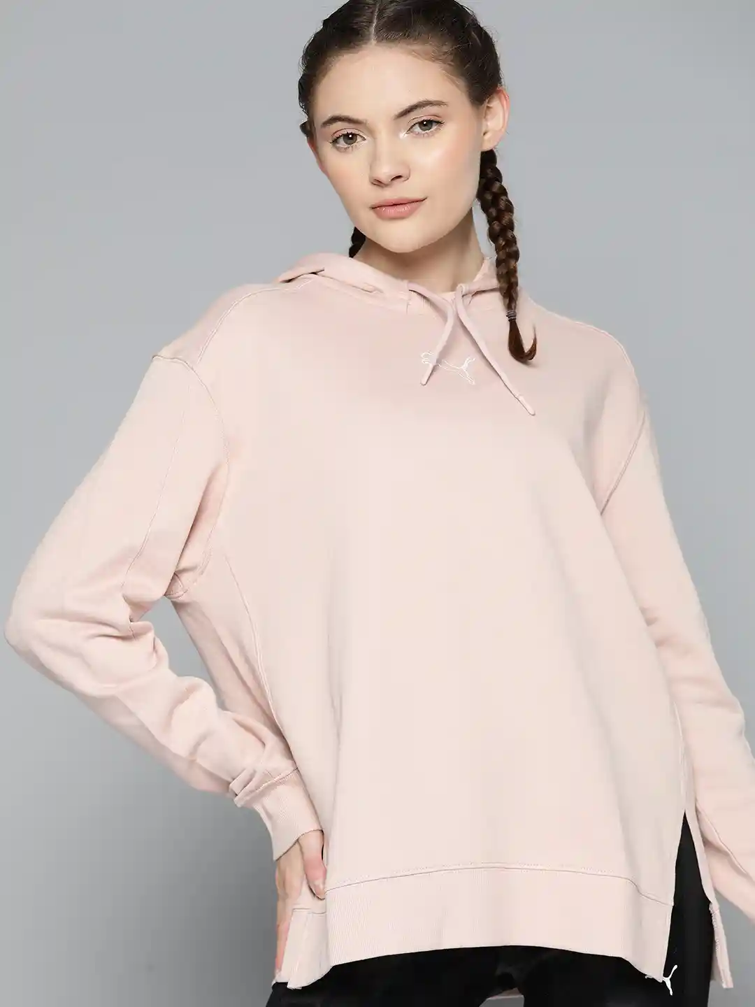 Buy Puma Women Pink Solid Cotton HER Relaxed Fit Hoodie Sweatshirt - Main Image