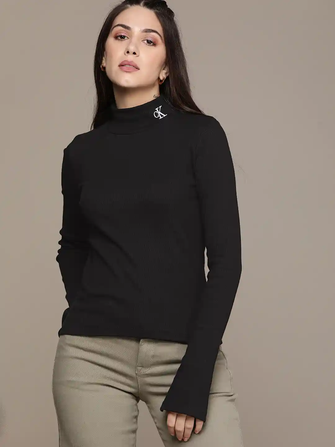 Buy Calvin Klein Jeans Women Black Self Design Turtle Neck Slim