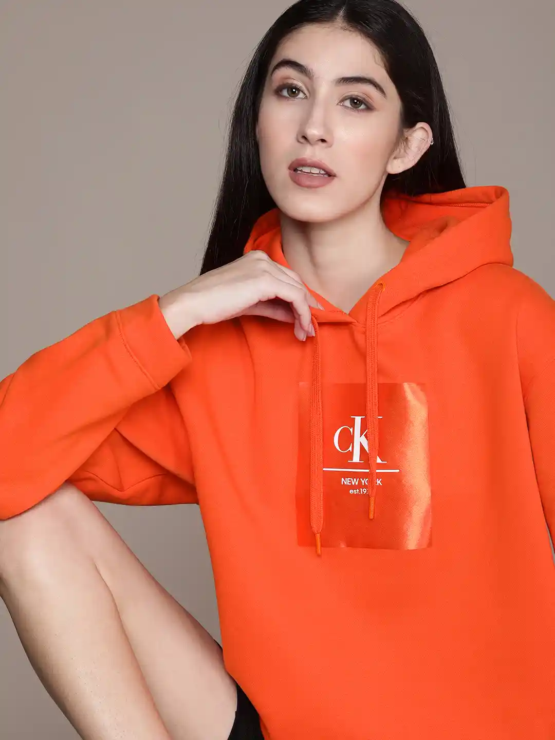 Buy Calvin Klein Jeans Women Orange Printed Hooded Sweatshirt