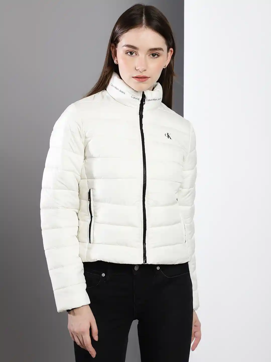 Buy Calvin Klein Jeans Women White Solid Mock Collar Puffer Jacket